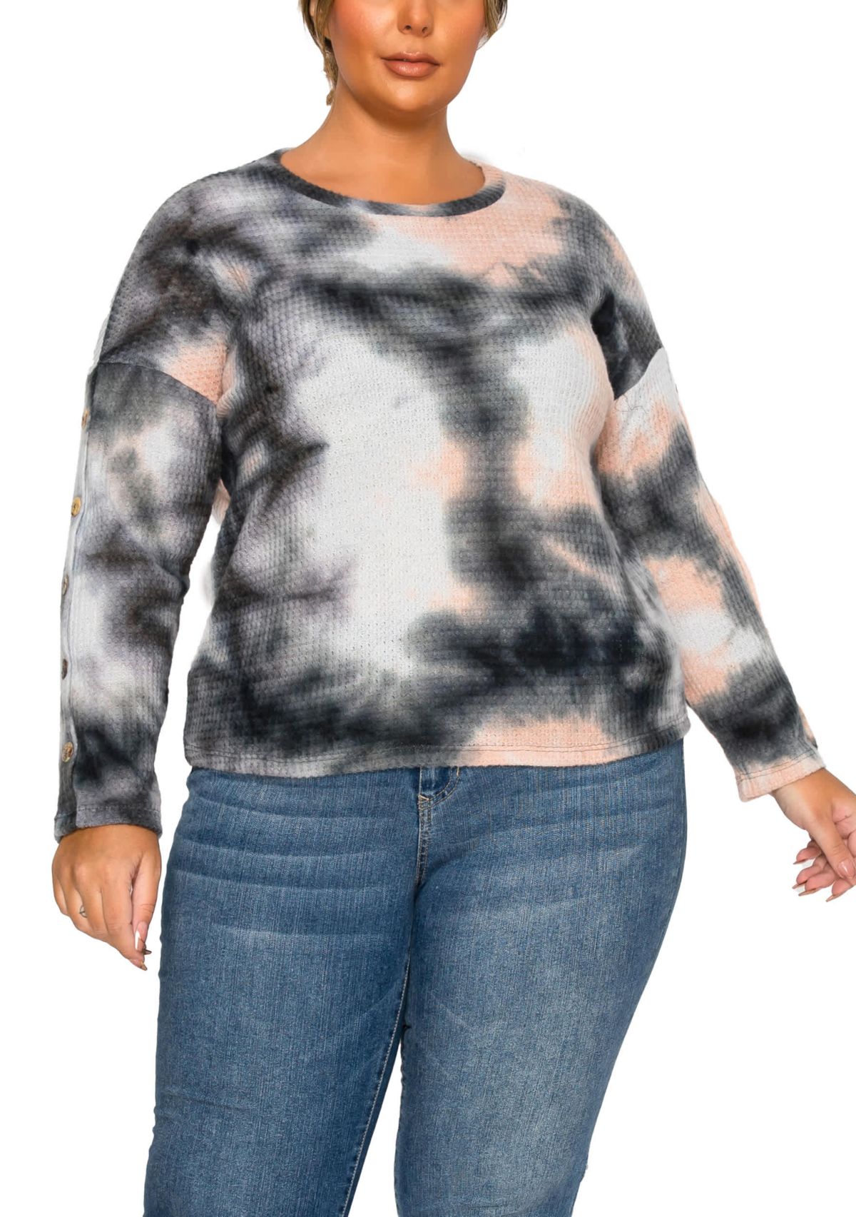 Brushed Tie Dye Waffle Crew Neck Button Sleeve