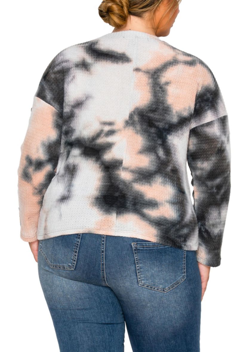 Brushed Tie Dye Waffle Crew Neck Button Sleeve