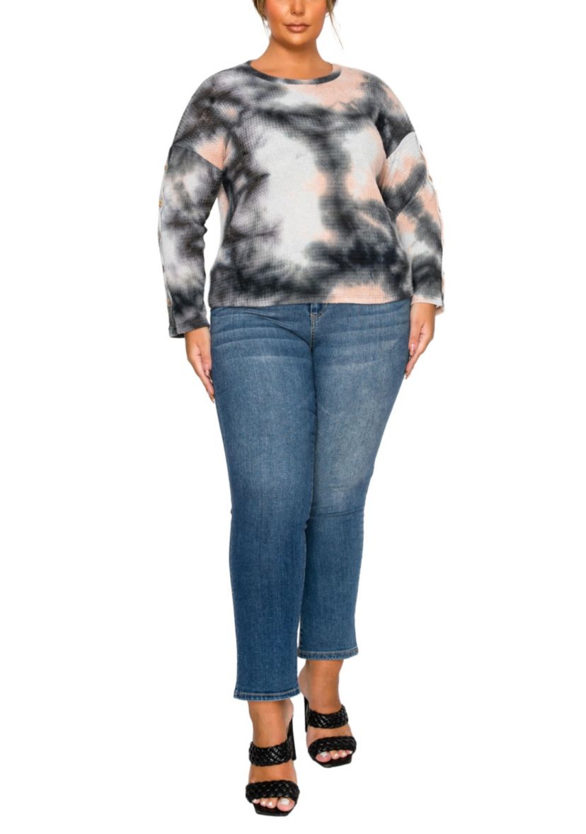 Brushed Tie Dye Waffle Crew Neck Button Sleeve