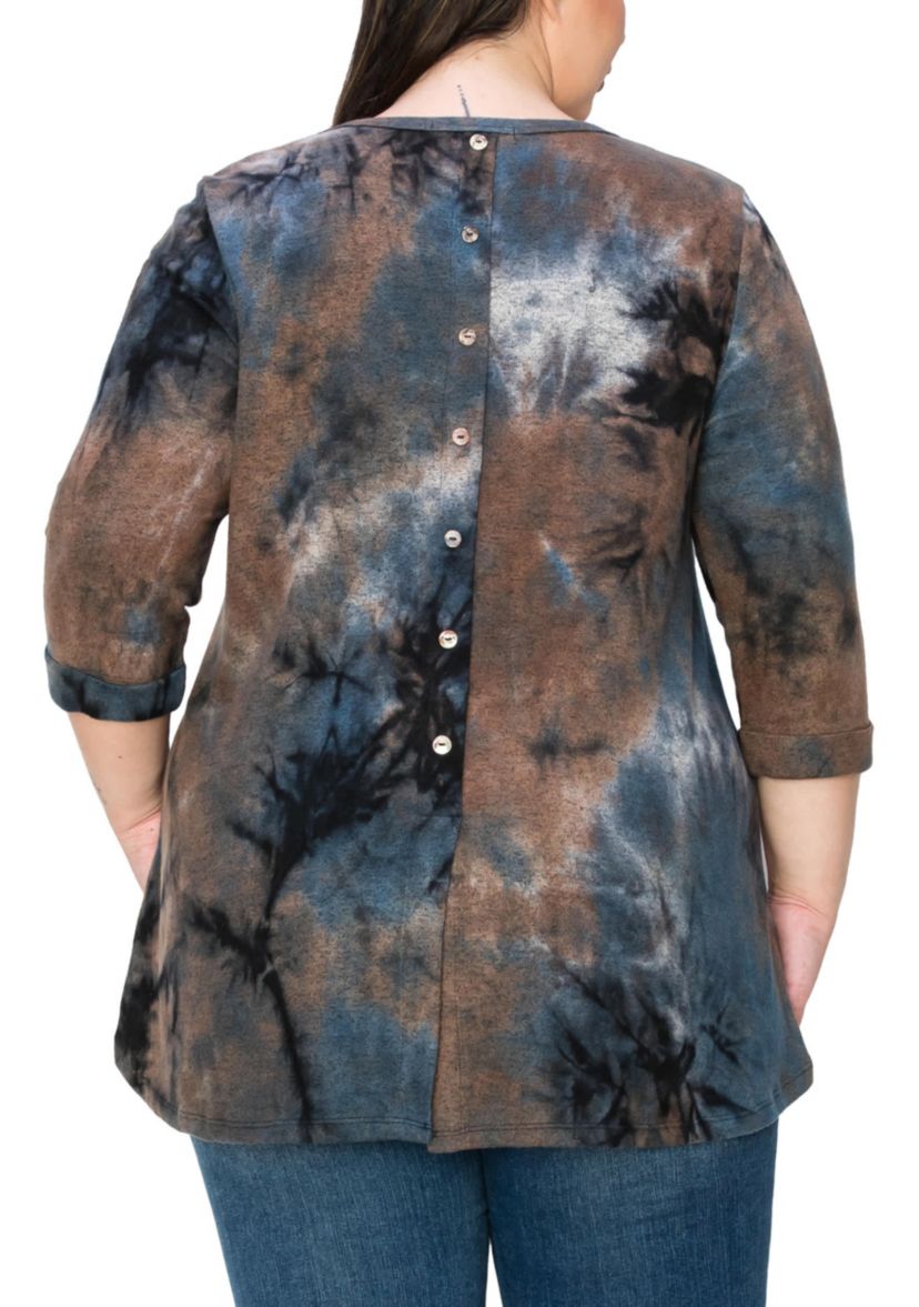 Hand Tie Dye Cozy 3Q Rolled Sleeve Button Back
