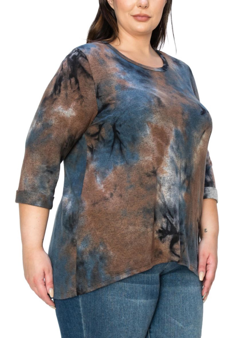 Hand Tie Dye Cozy 3Q Rolled Sleeve Button Back