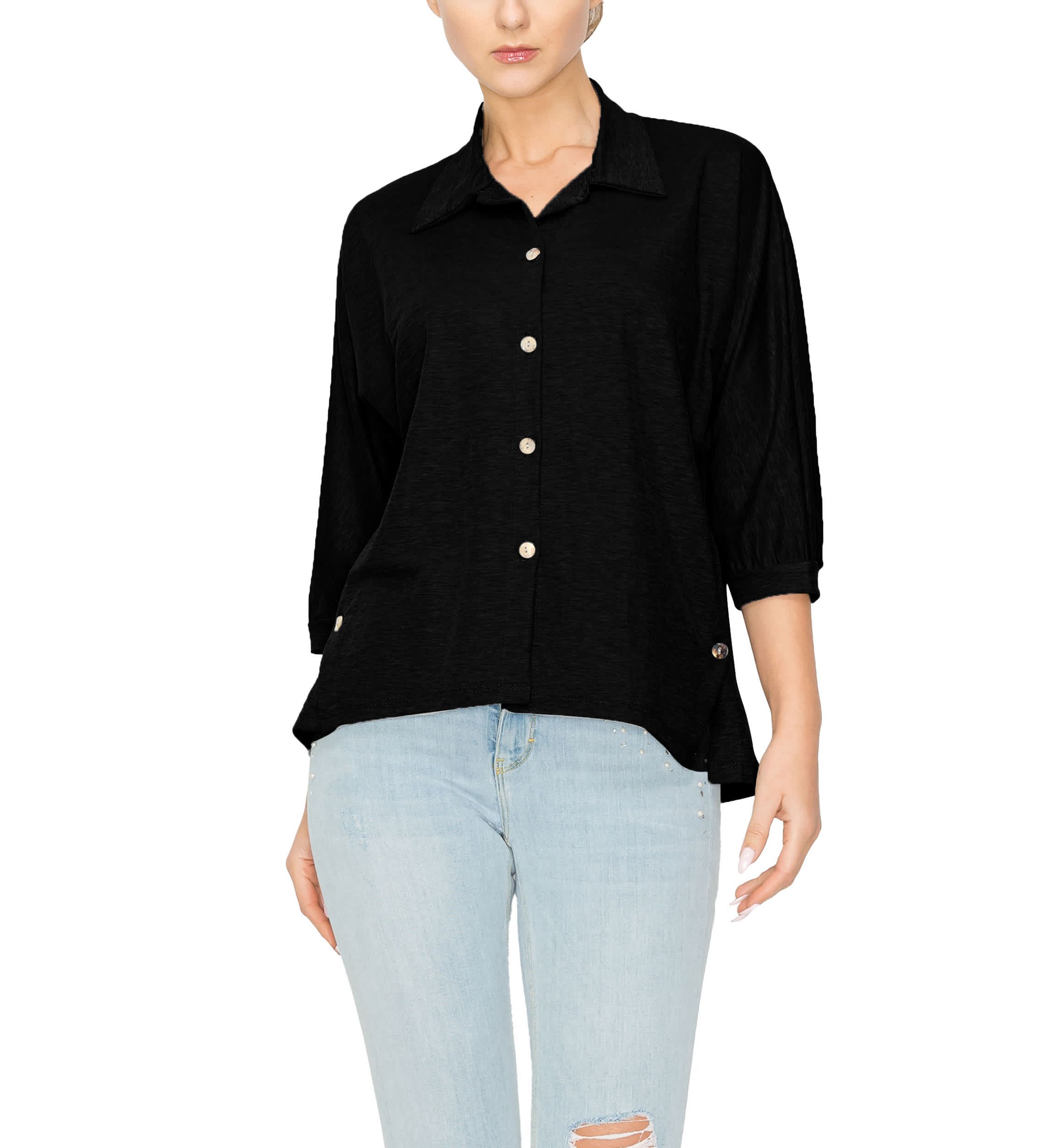 Chambray Jersey Panel Button Shirt 3Q Sleeve