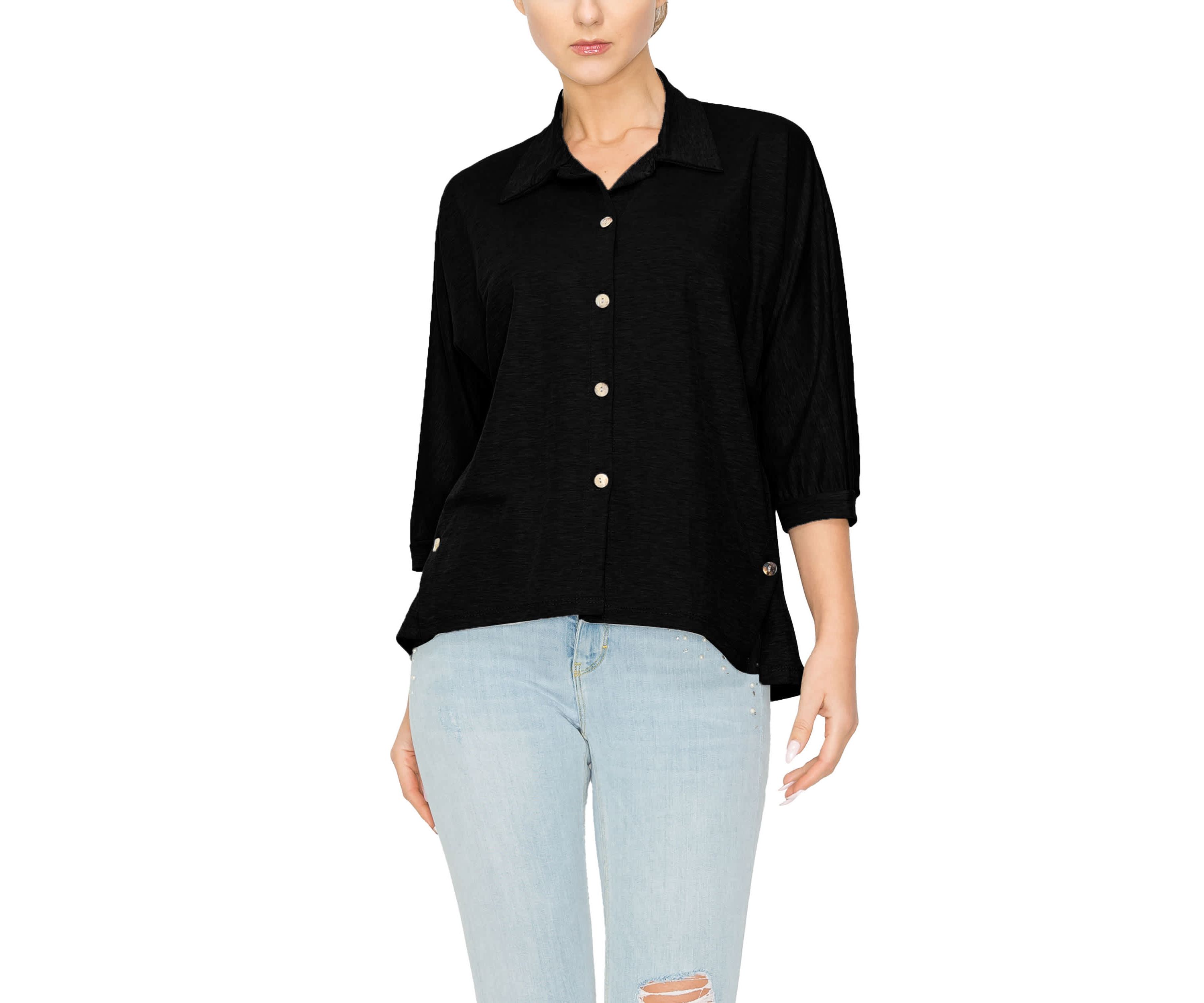 Chambray Jersey Panel Button Shirt 3Q Sleeve