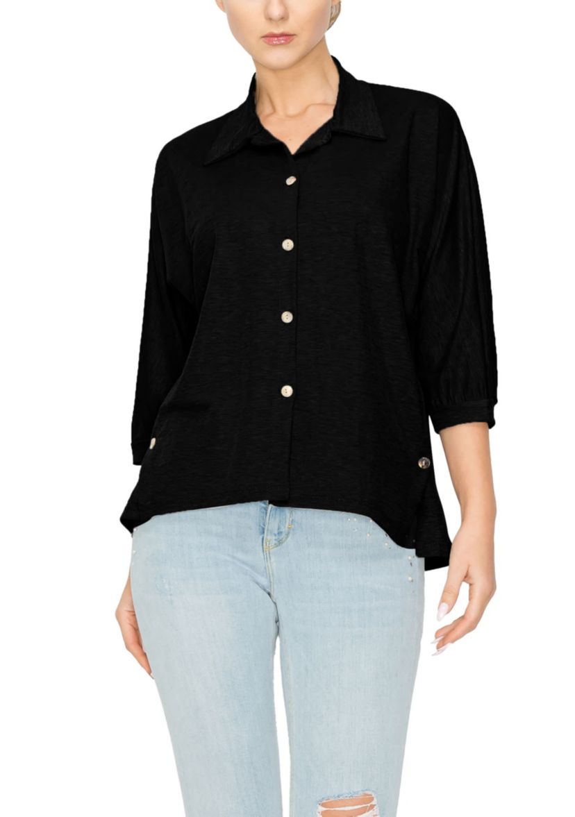 Chambray Jersey Panel Button Shirt 3Q Sleeve