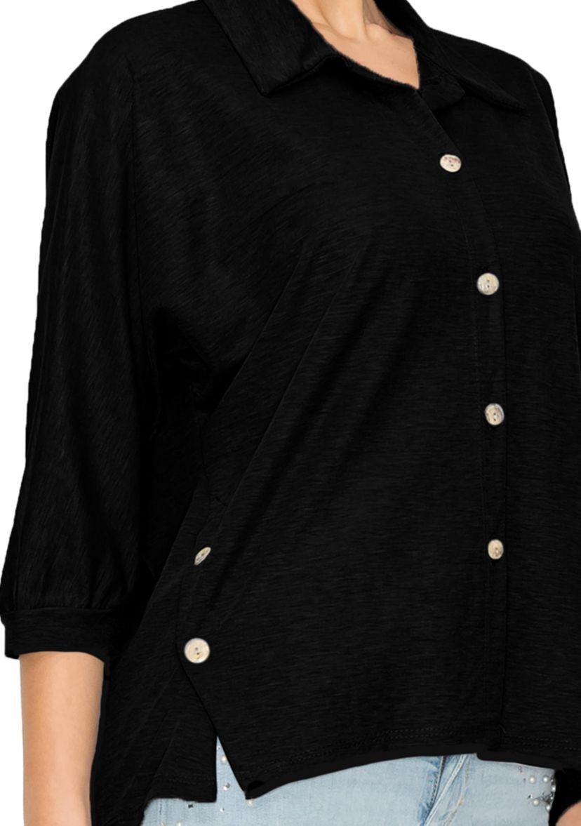 Chambray Jersey Panel Button Shirt 3Q Sleeve
