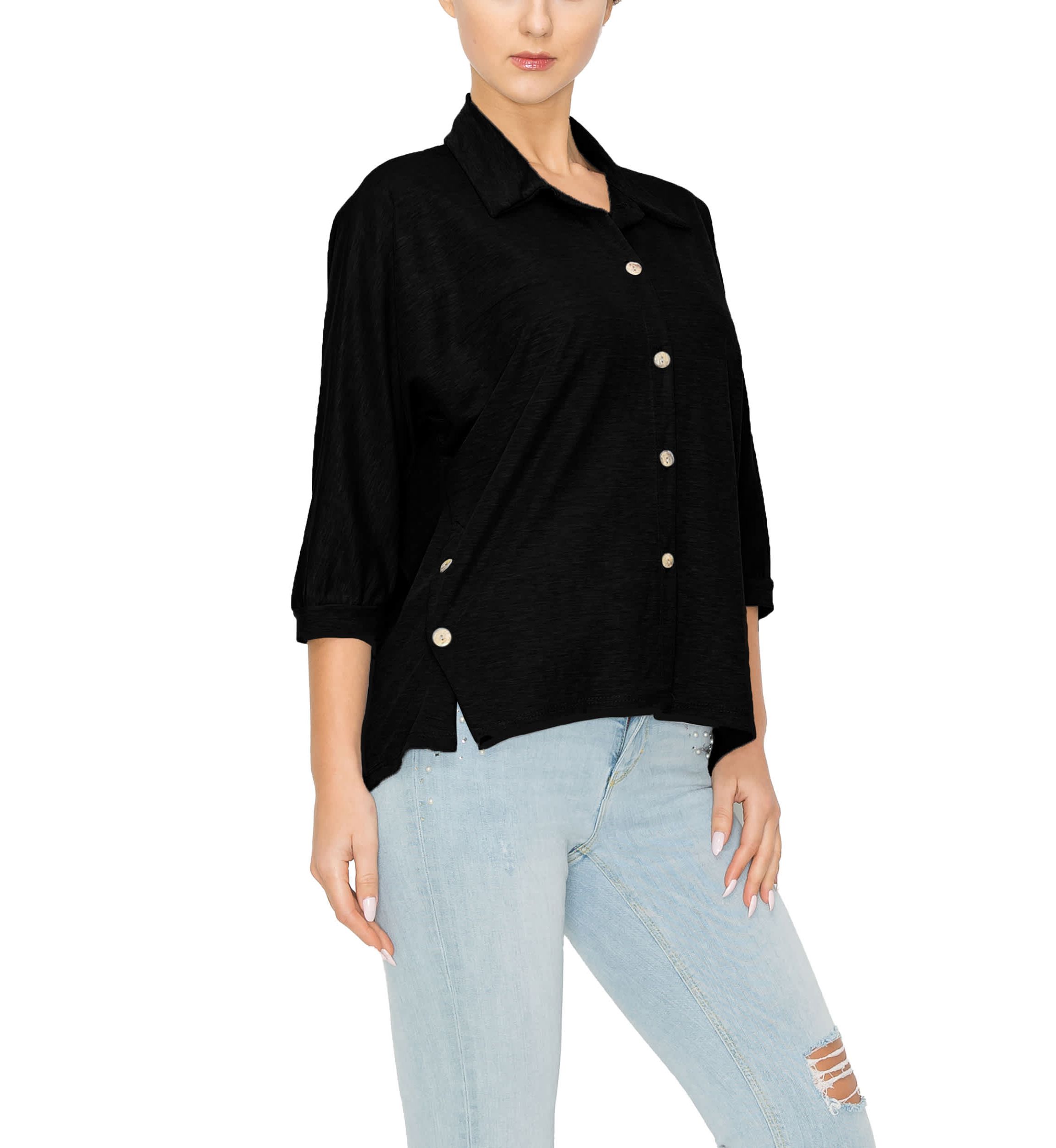 Chambray Jersey Panel Button Shirt 3Q Sleeve