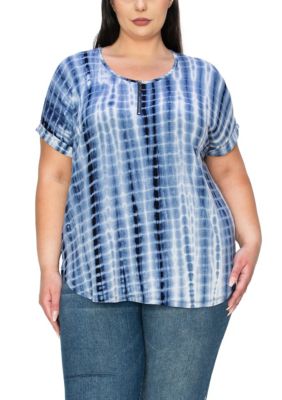 COIN1804 Women's Hand Tie Dye Zipper Front Rolled Short Sleeve, Blue, 3X
