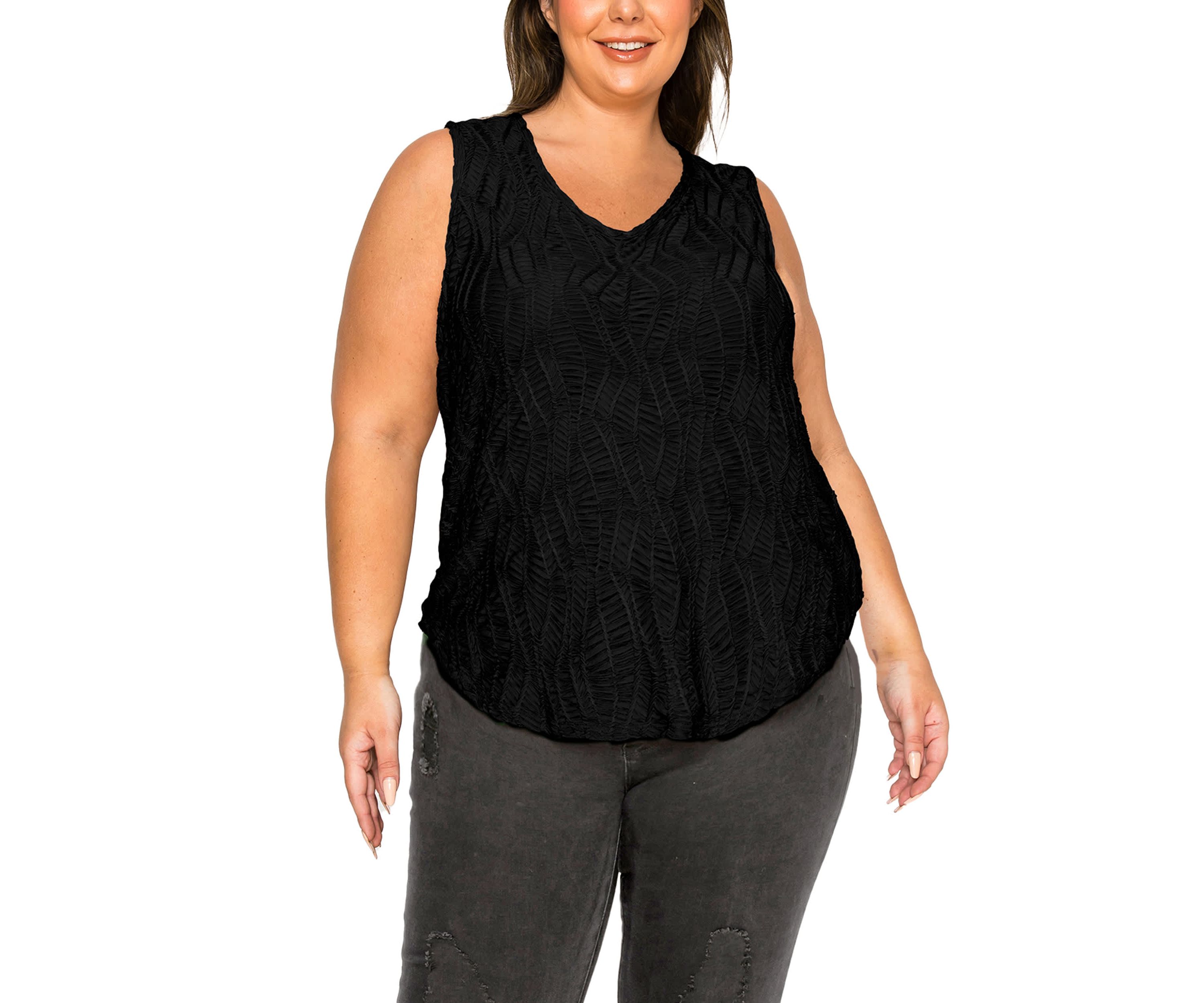 Spiral Wave Textured DBL V Neck Curved Hem Tank
