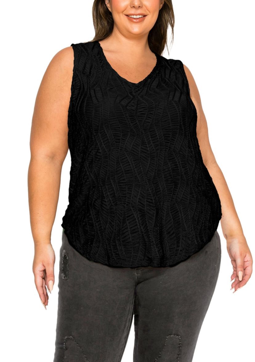 Spiral Wave Textured DBL V Neck Curved Hem Tank