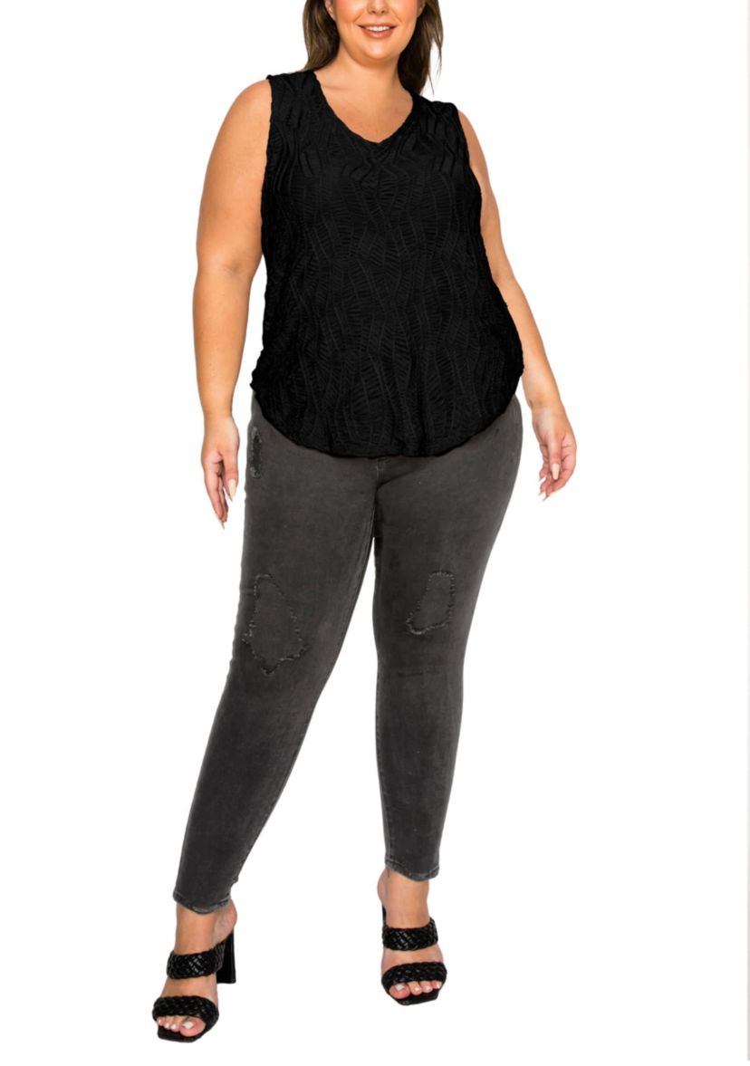 Spiral Wave Textured DBL V Neck Curved Hem Tank