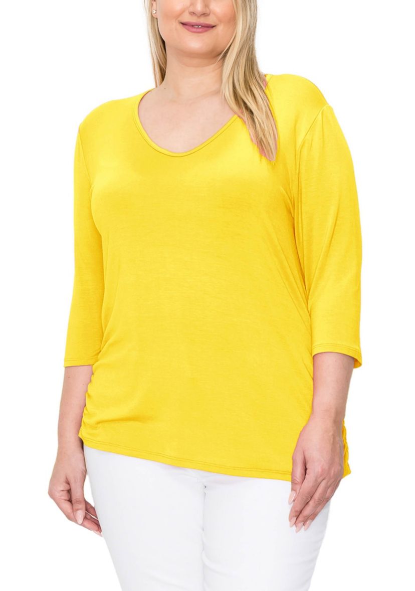 Rayon Span V Neck Side Ruched 3Q sleeve