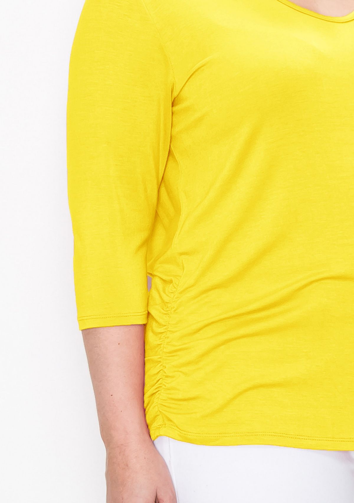 Rayon Span V Neck Side Ruched 3Q sleeve