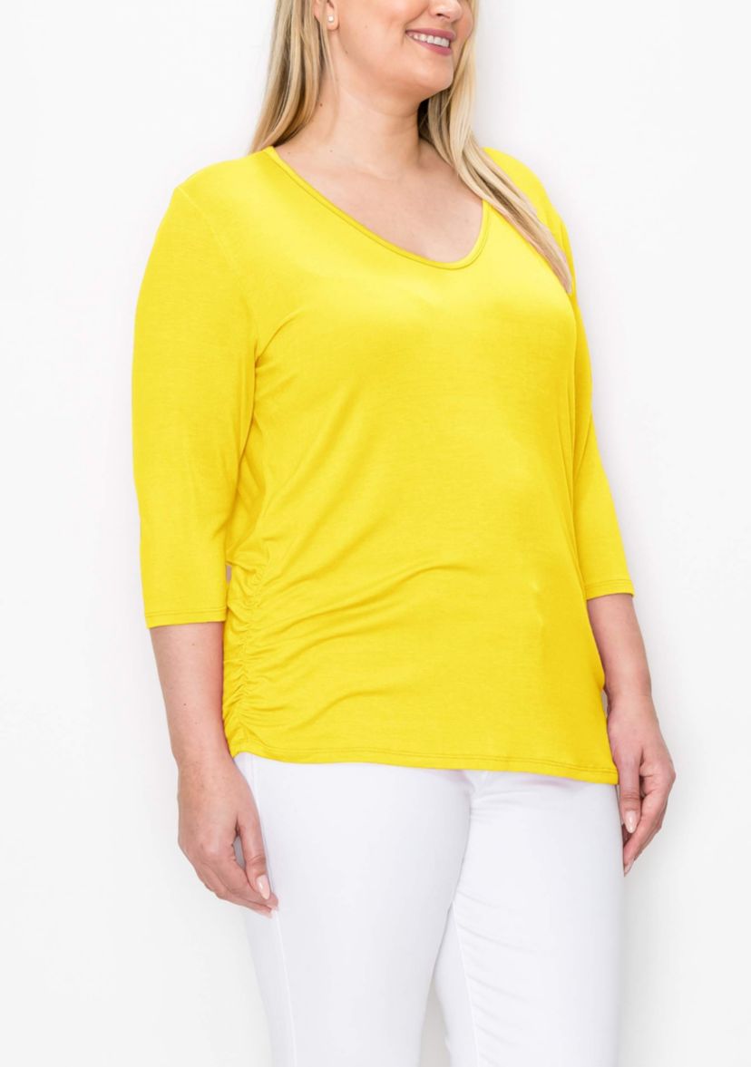 Rayon Span V Neck Side Ruched 3Q sleeve