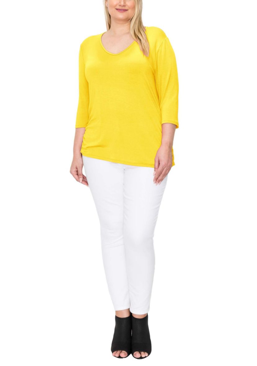 Rayon Span V Neck Side Ruched 3Q sleeve