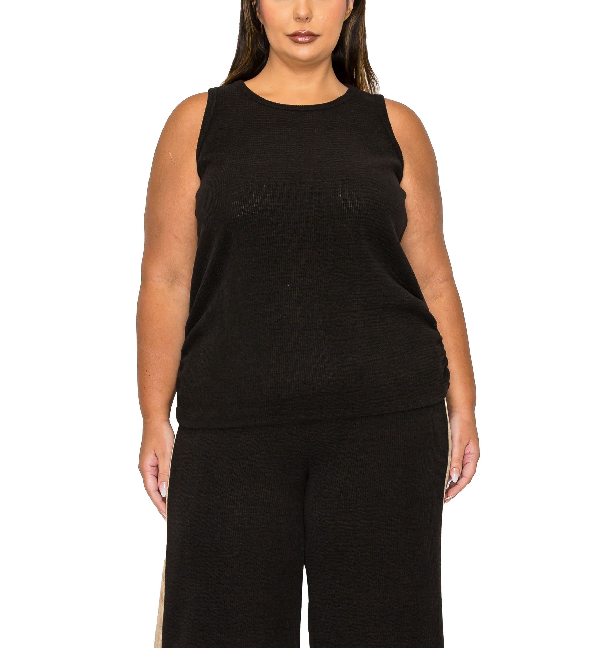 Textured Rib Scoop Neck Side Ruched Tank