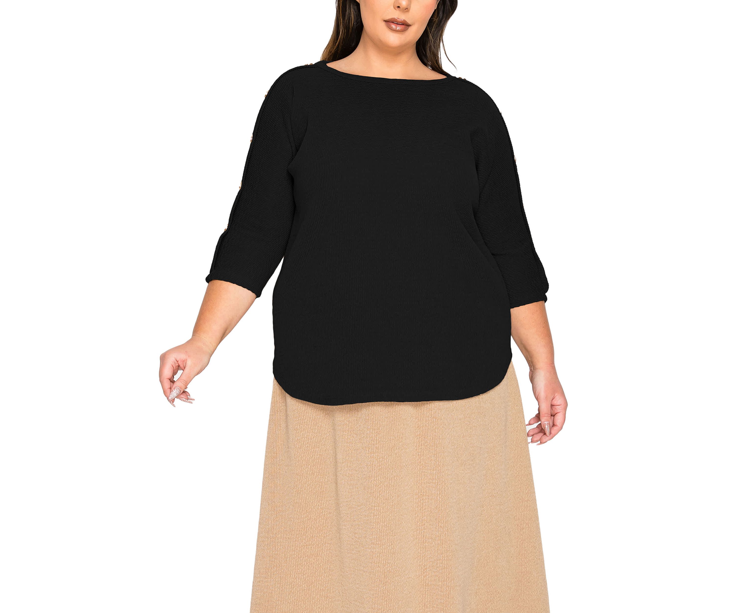 Textured Rib Button Shoulder 3Q Sleeve