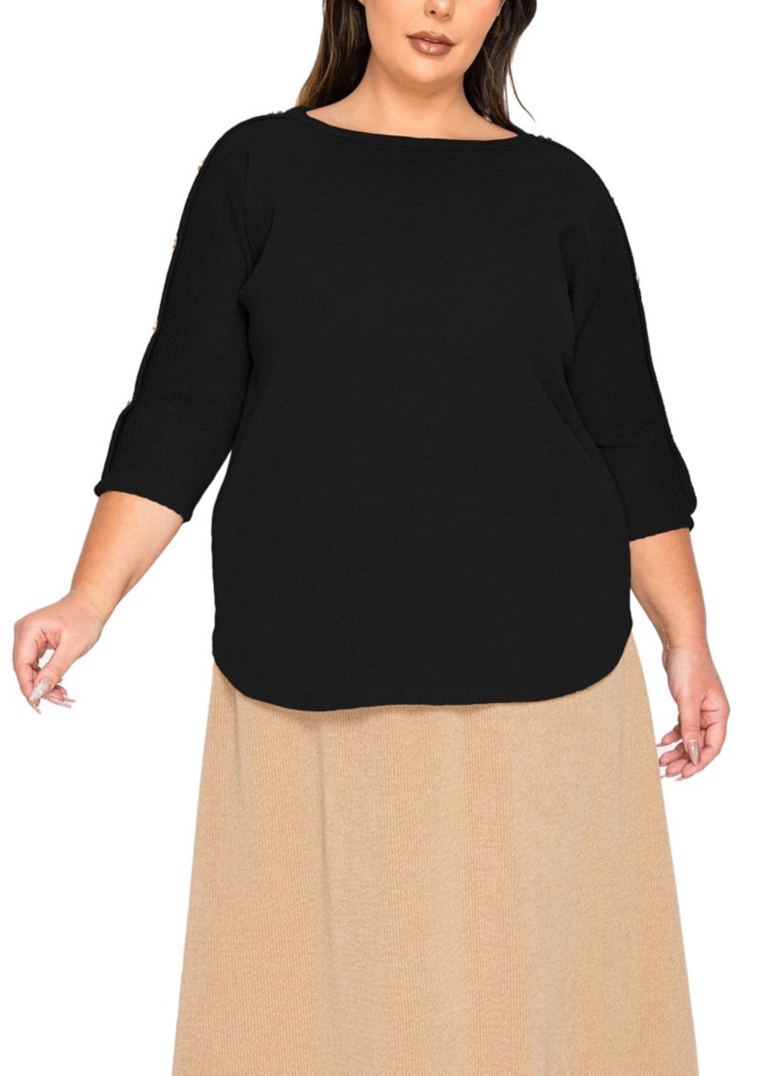 Textured Rib Button Shoulder 3Q Sleeve