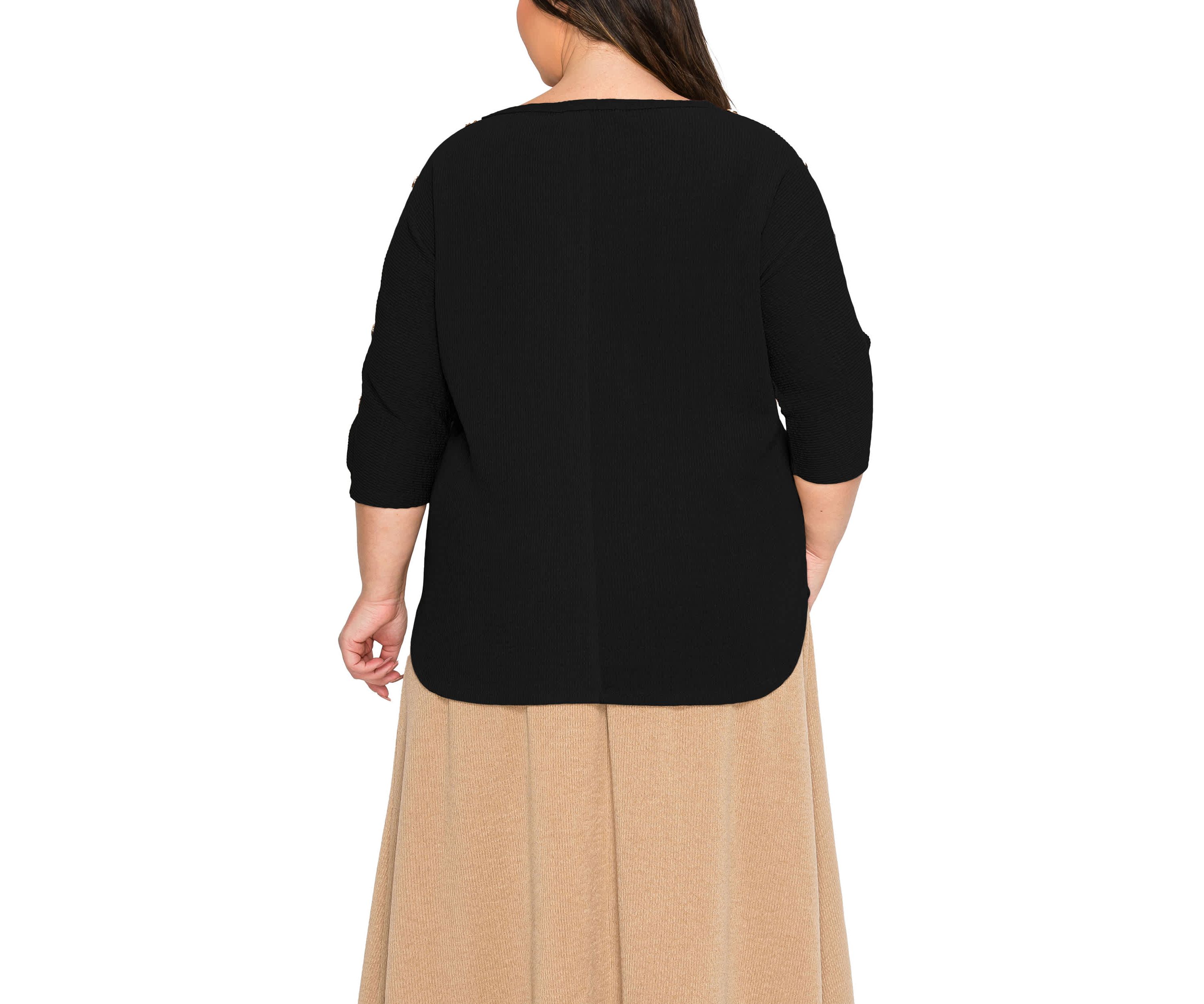 Textured Rib Button Shoulder 3Q Sleeve