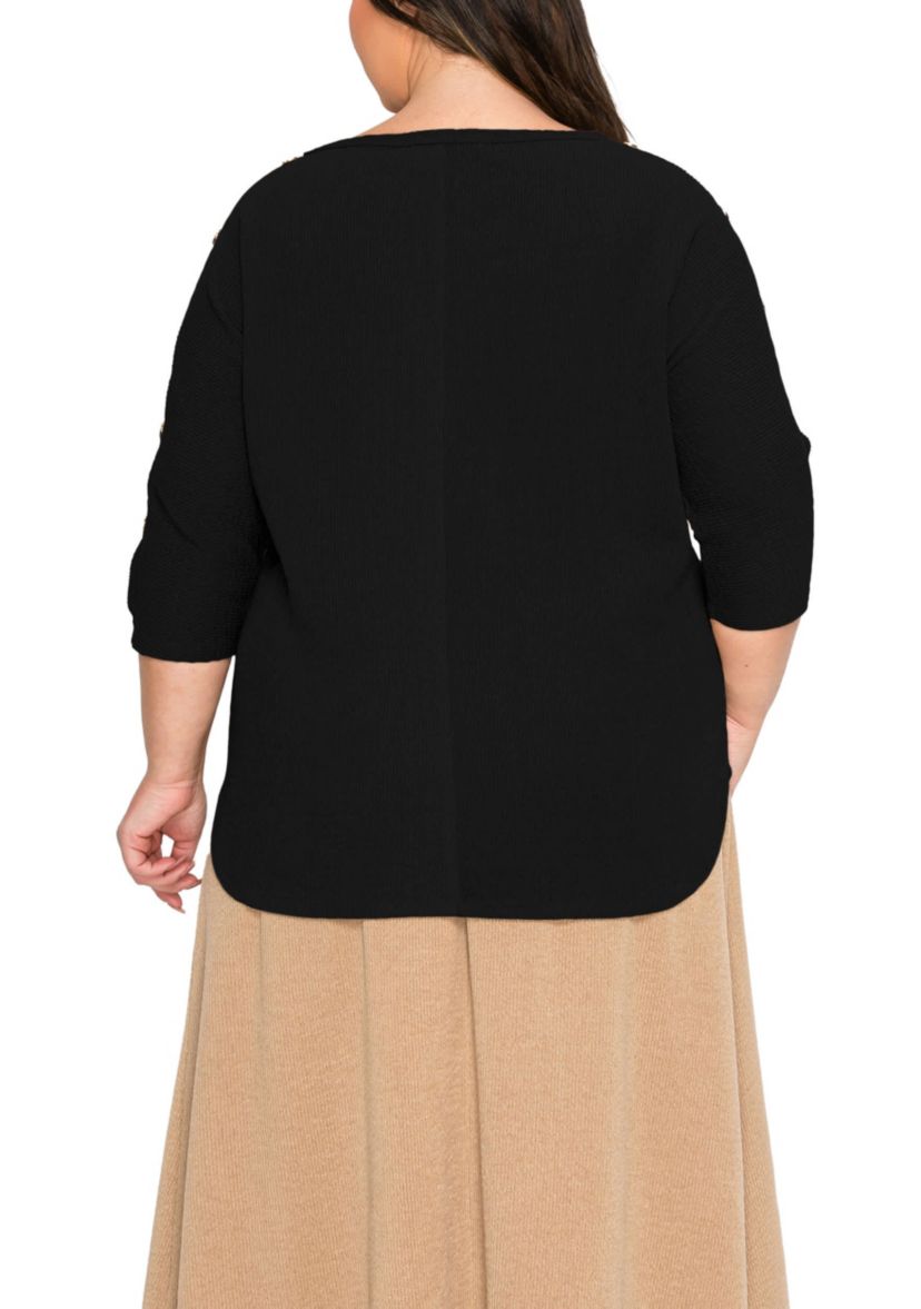 Textured Rib Button Shoulder 3Q Sleeve