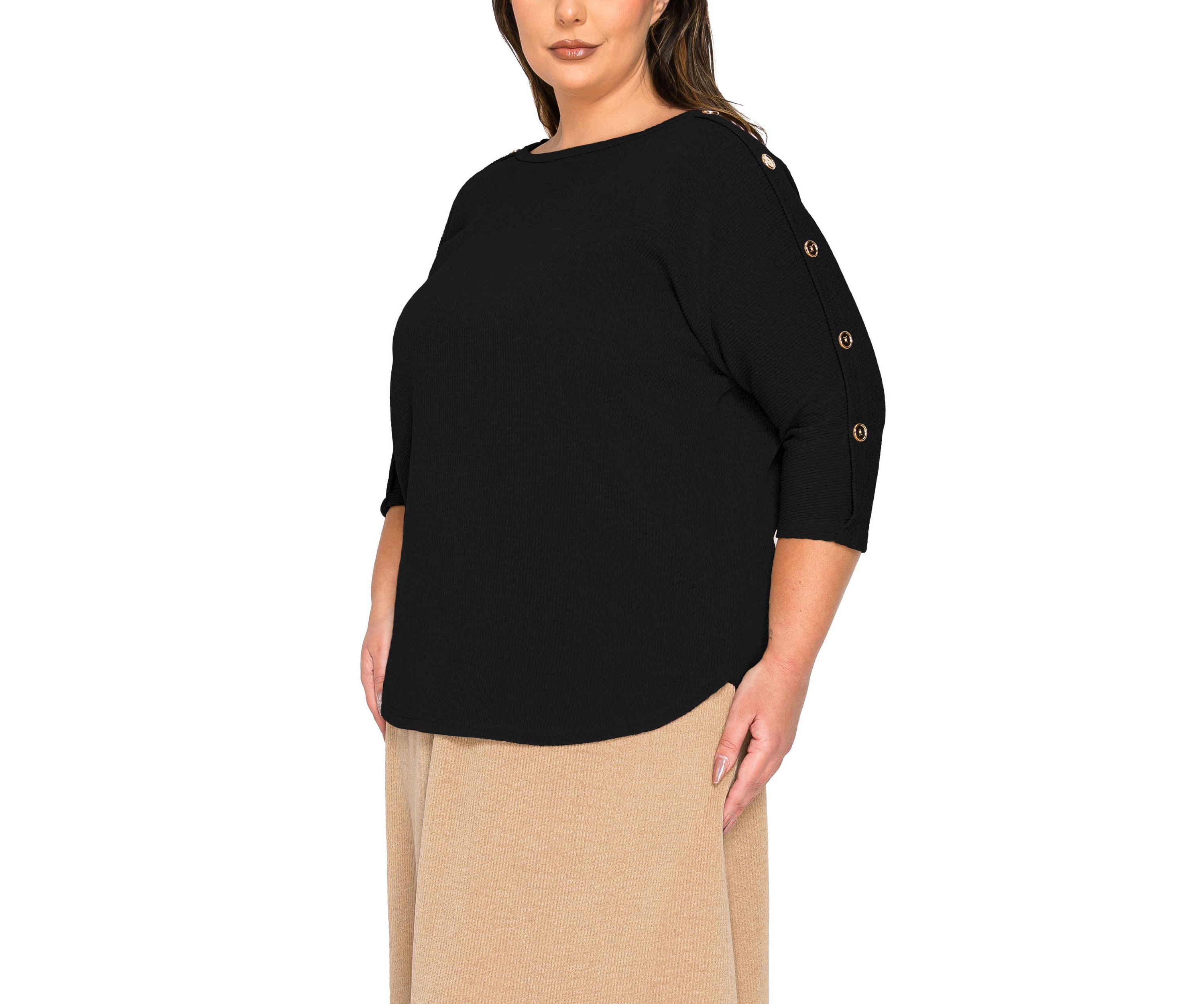 Textured Rib Button Shoulder 3Q Sleeve