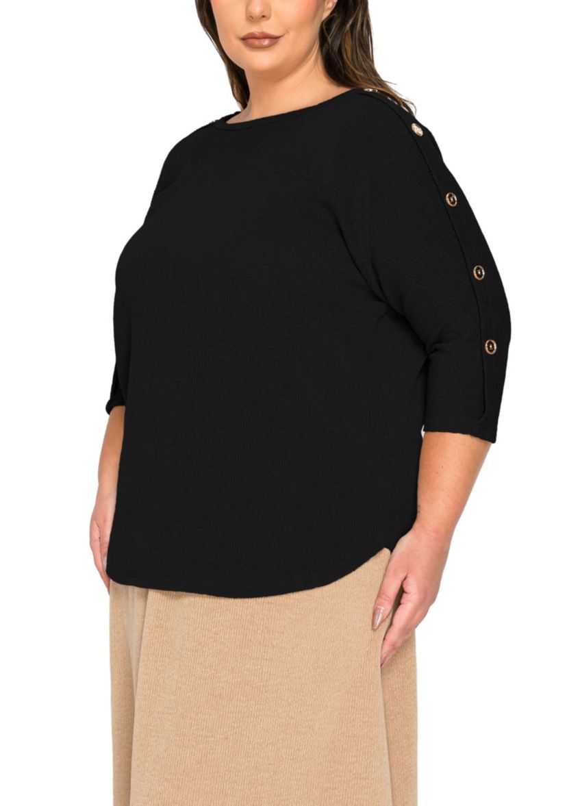 Textured Rib Button Shoulder 3Q Sleeve