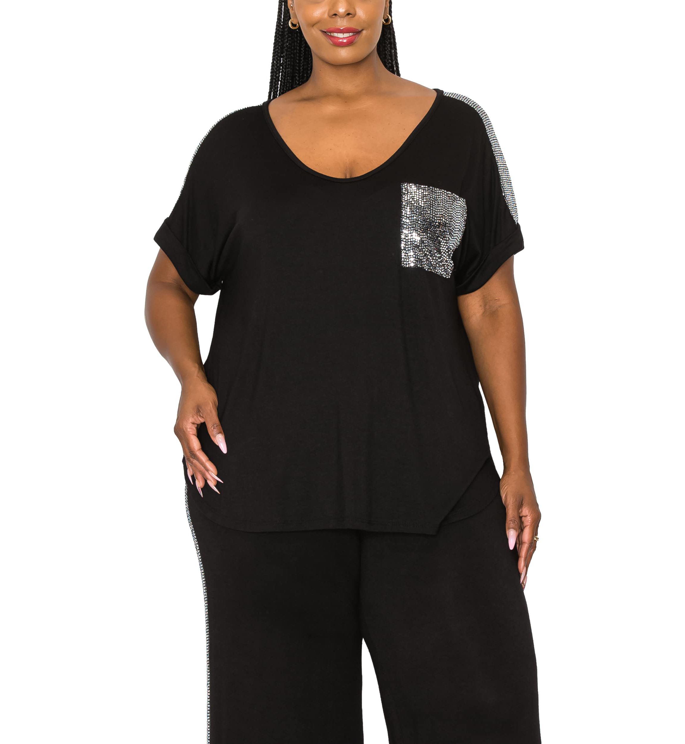 Sequin Pocket & Shoulder Rolled Sleeve