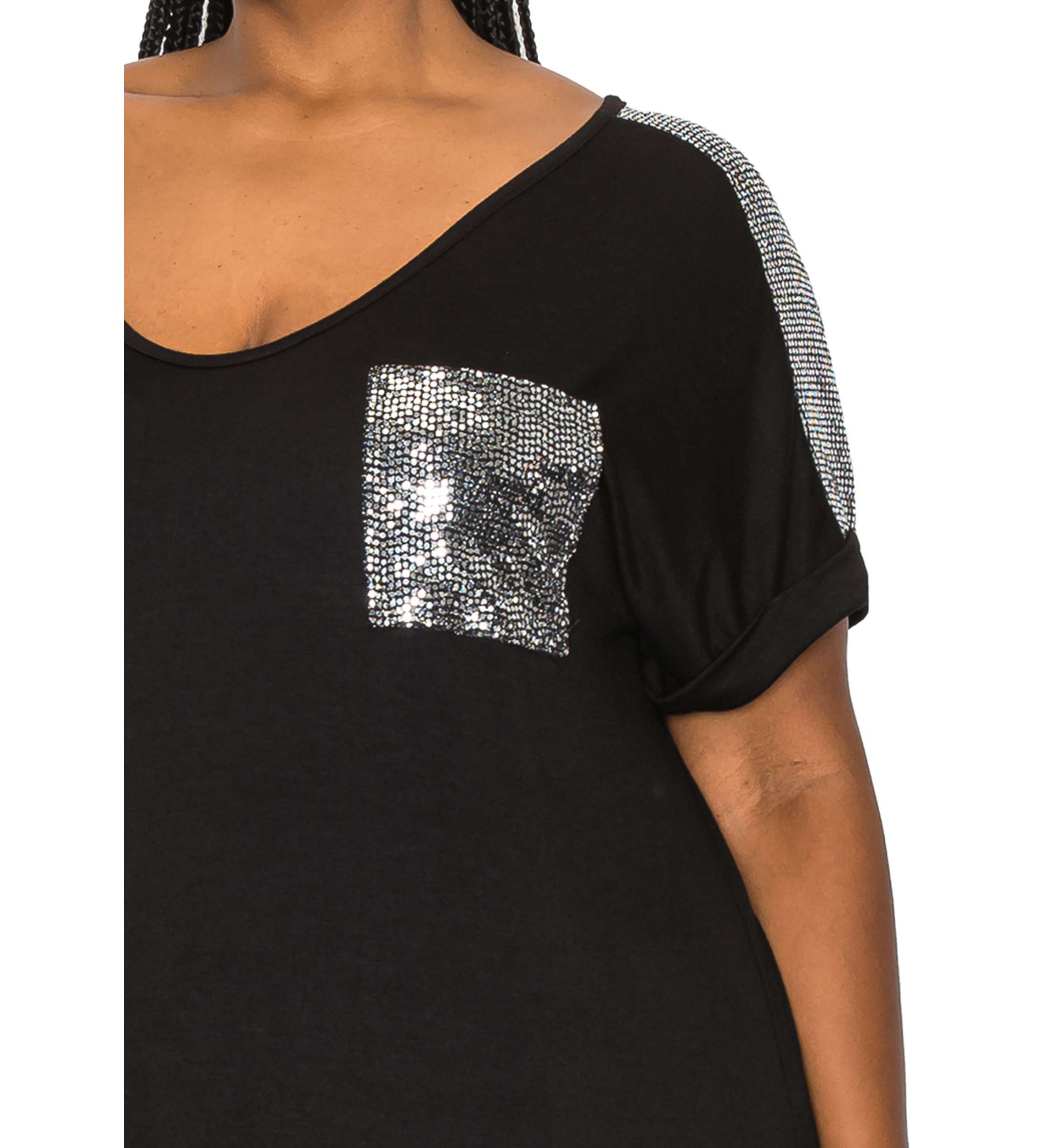 Sequin Pocket & Shoulder Rolled Sleeve