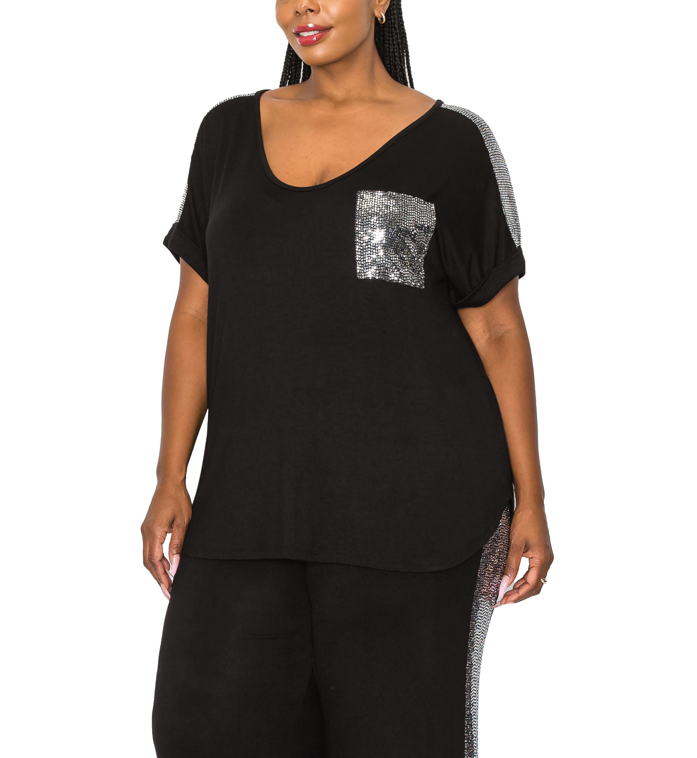 Sequin Pocket & Shoulder Rolled Sleeve