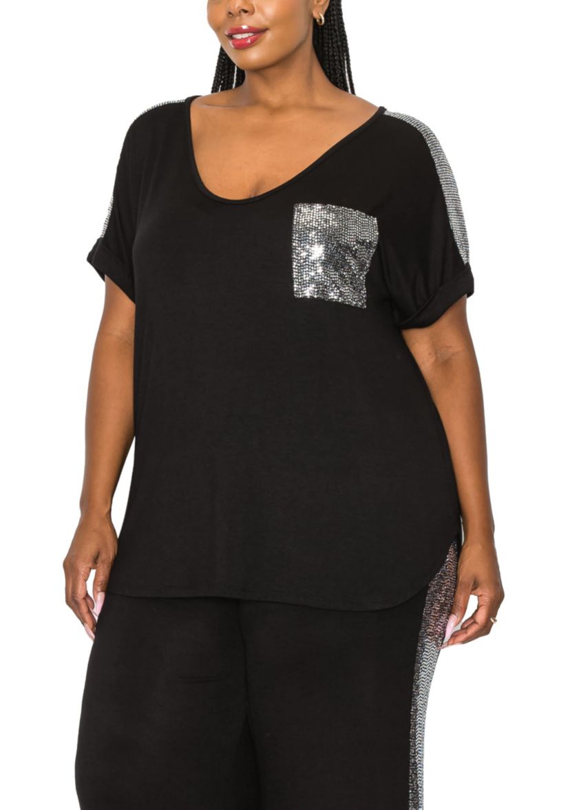 Sequin Pocket & Shoulder Rolled Sleeve