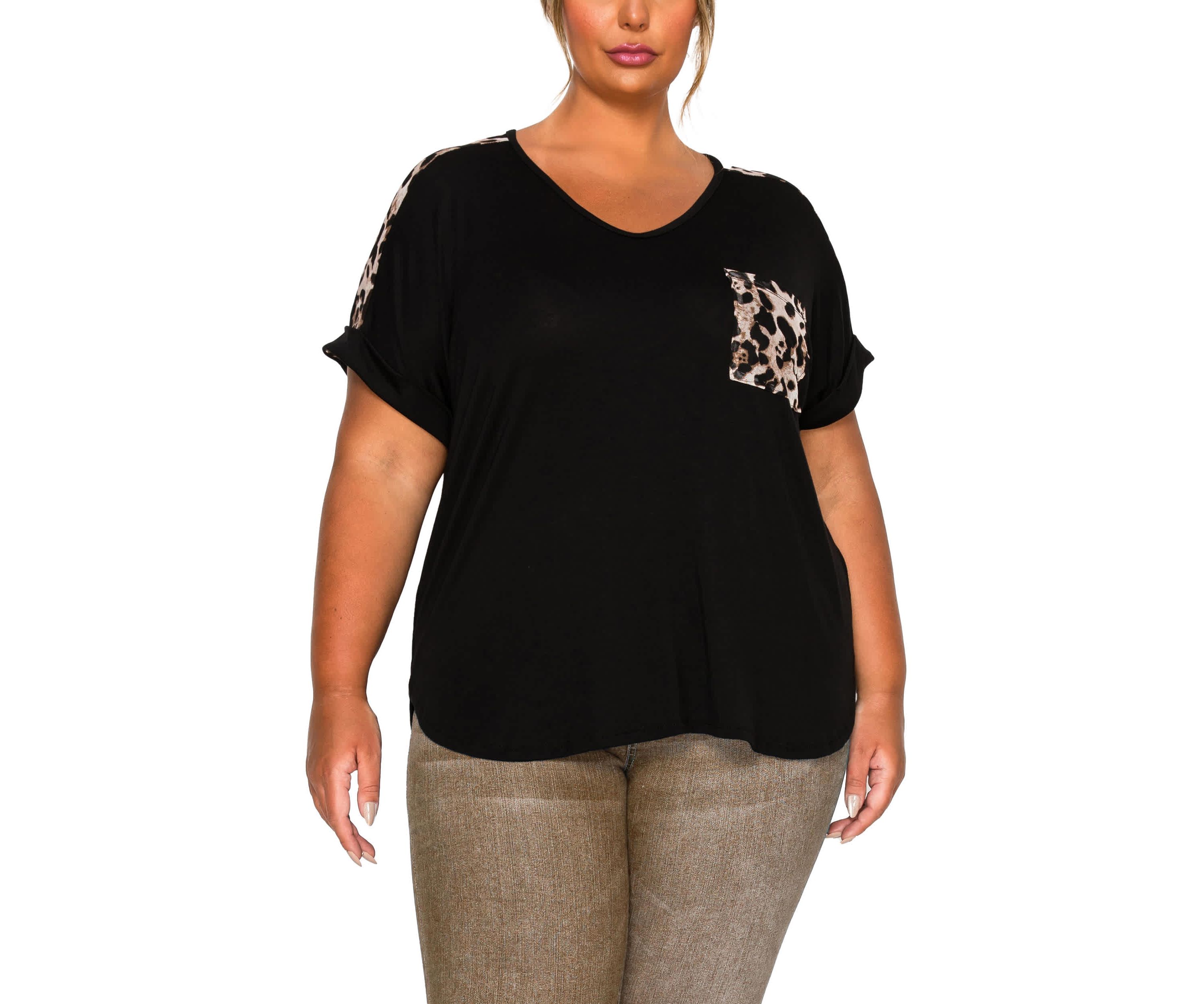 Leopard Print Mesh Pocket & Shoulder Rolled Slv
