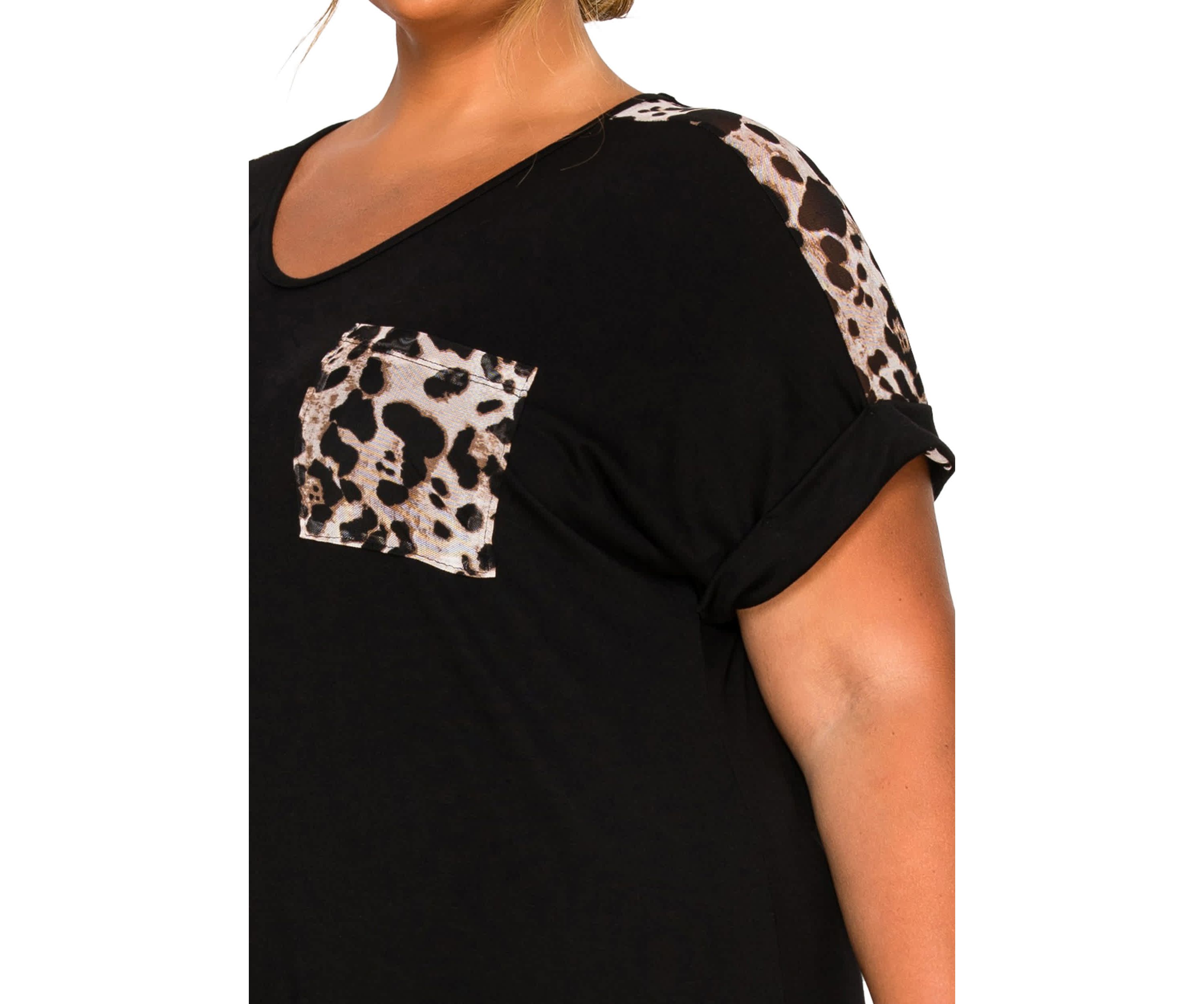 Leopard Print Mesh Pocket & Shoulder Rolled Slv