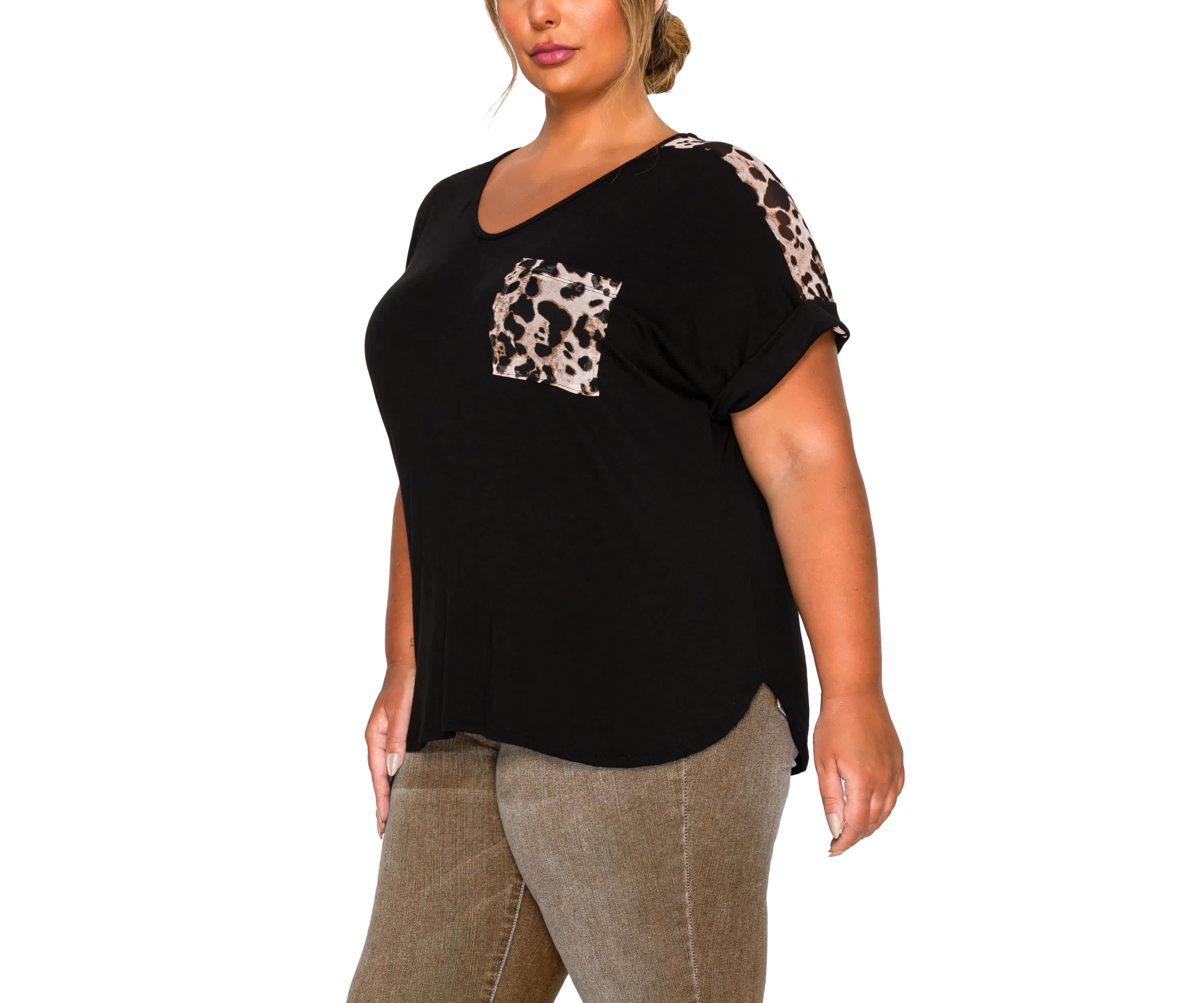Leopard Print Mesh Pocket & Shoulder Rolled Slv