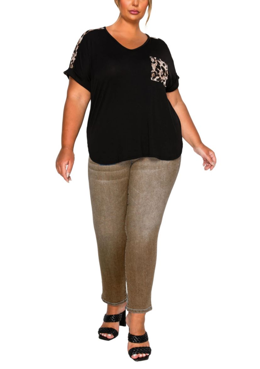 Leopard Print Mesh Pocket & Shoulder Rolled Slv