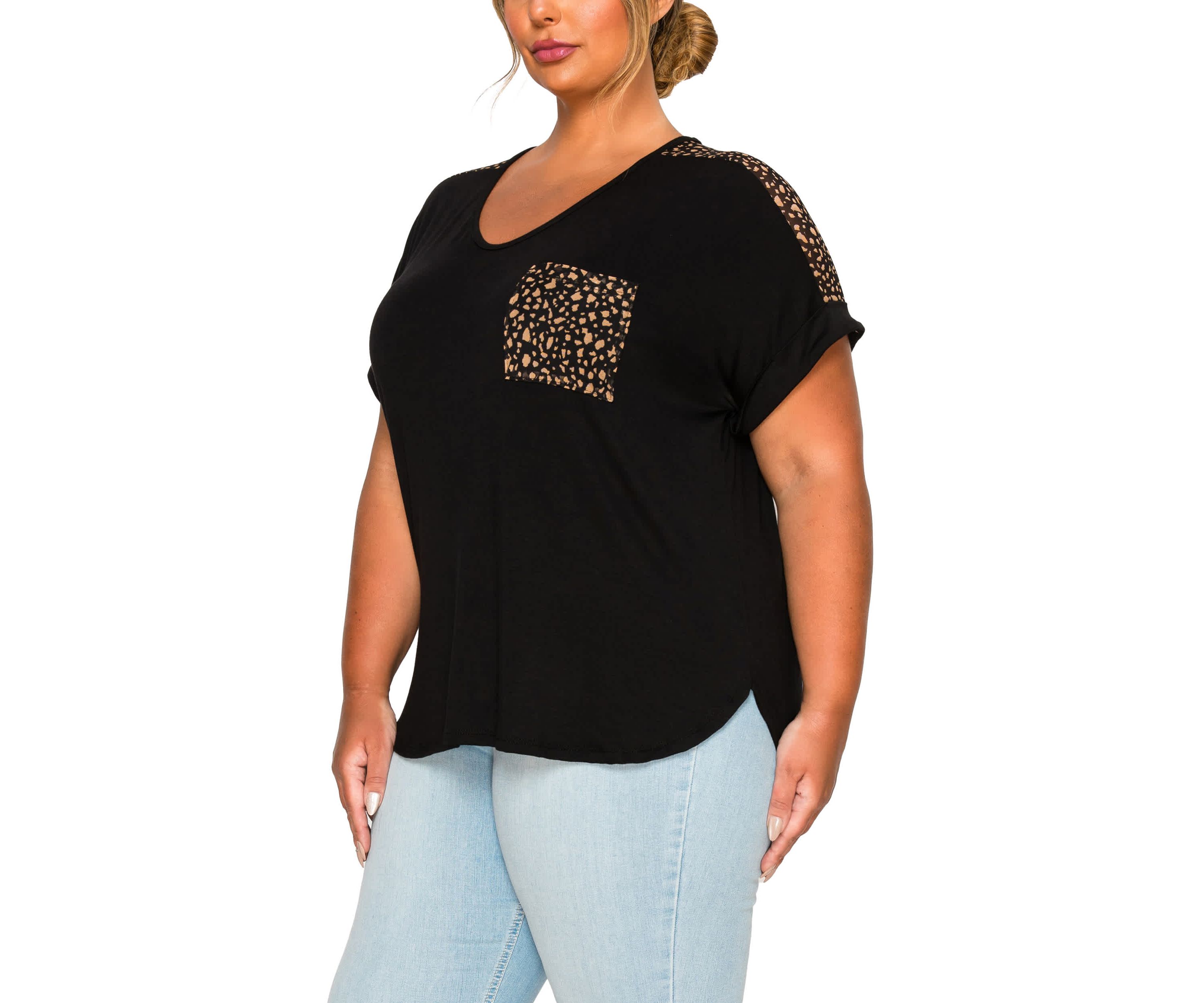 Pebble Print Mesh Pocket & Shoulder Rolled Slv