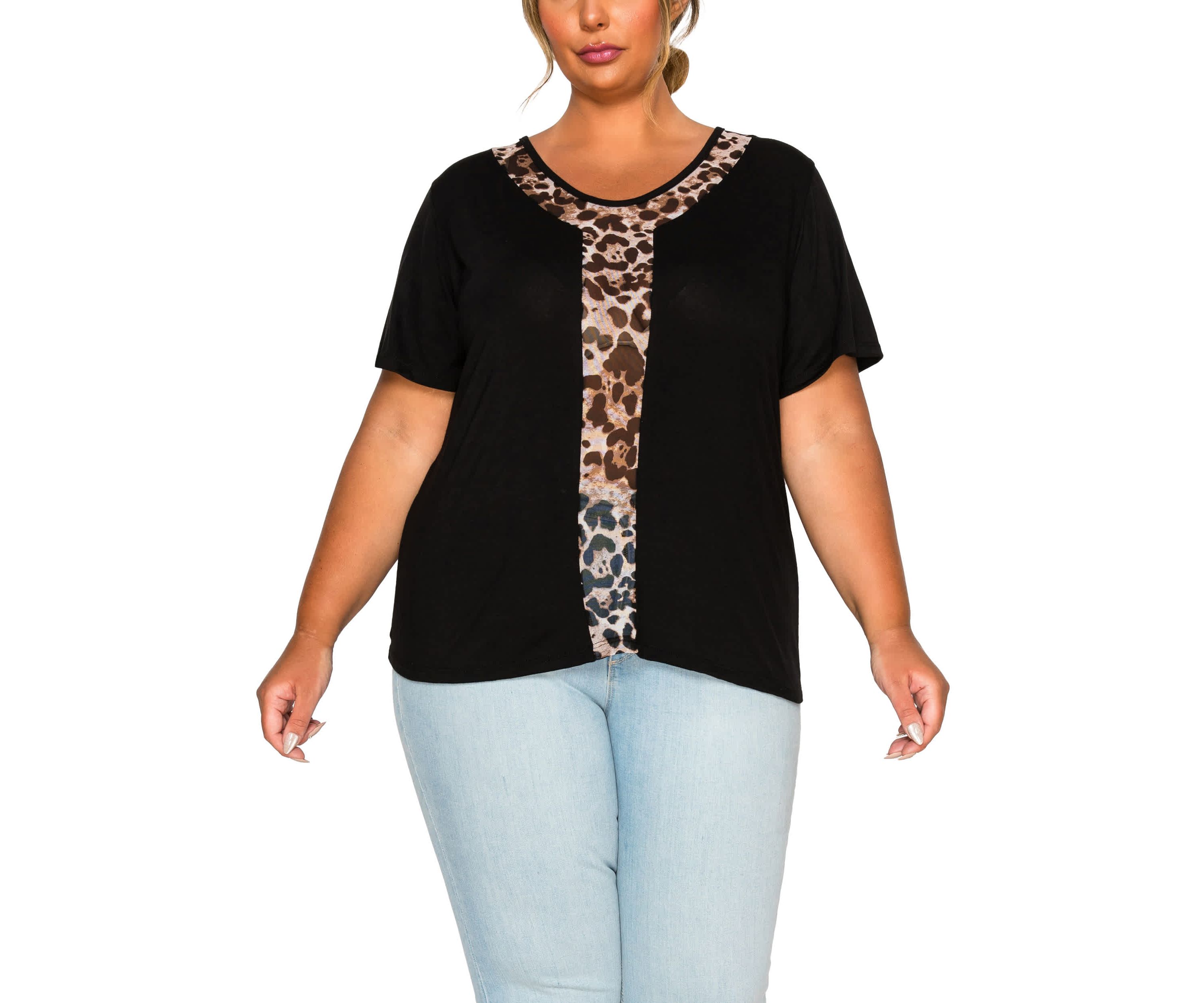 Leopard Print Mesh Inset S/Slv