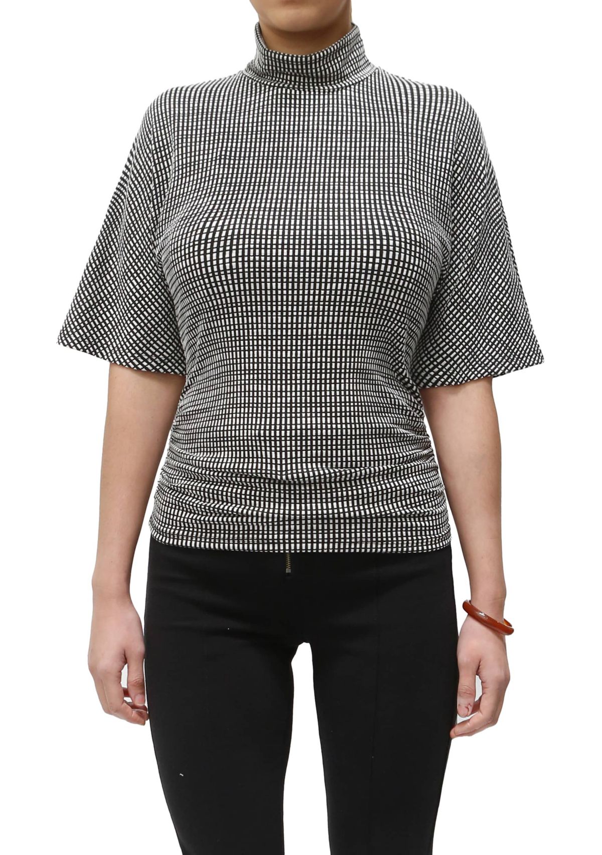 Jacquard Textured Stripe Elbow Sleeve Mock Neck