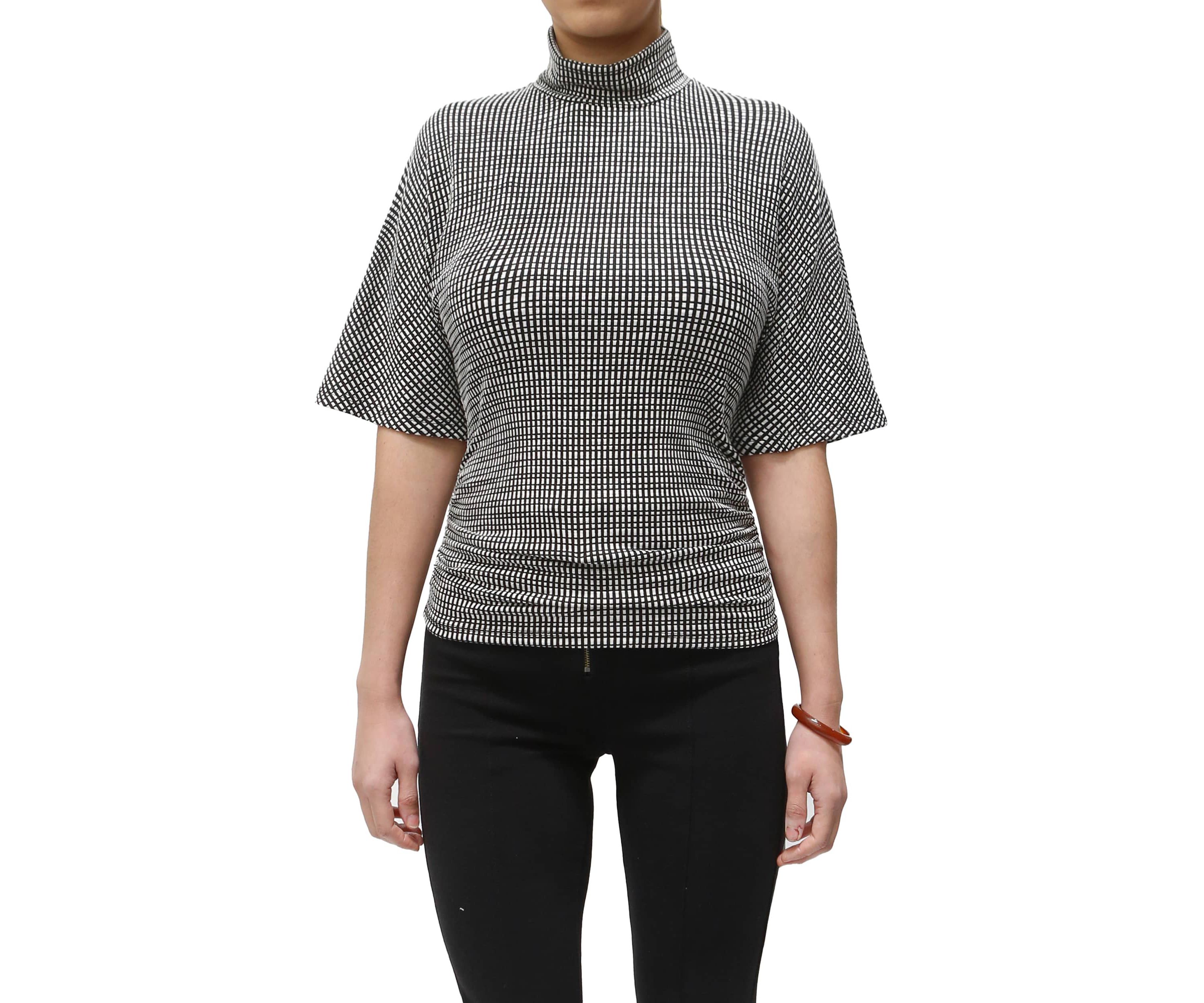 Jacquard Textured Stripe Elbow Sleeve Mock Neck