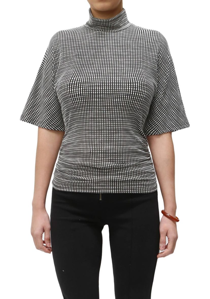 Jacquard Textured Stripe Elbow Sleeve Mock Neck