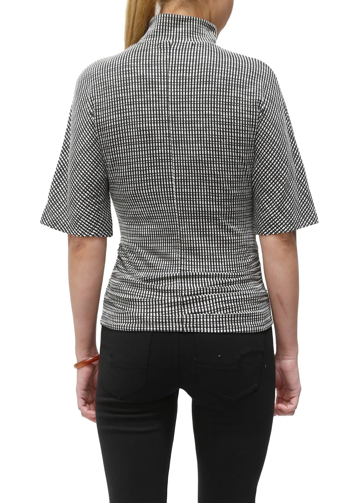 Jacquard Textured Stripe Elbow Sleeve Mock Neck