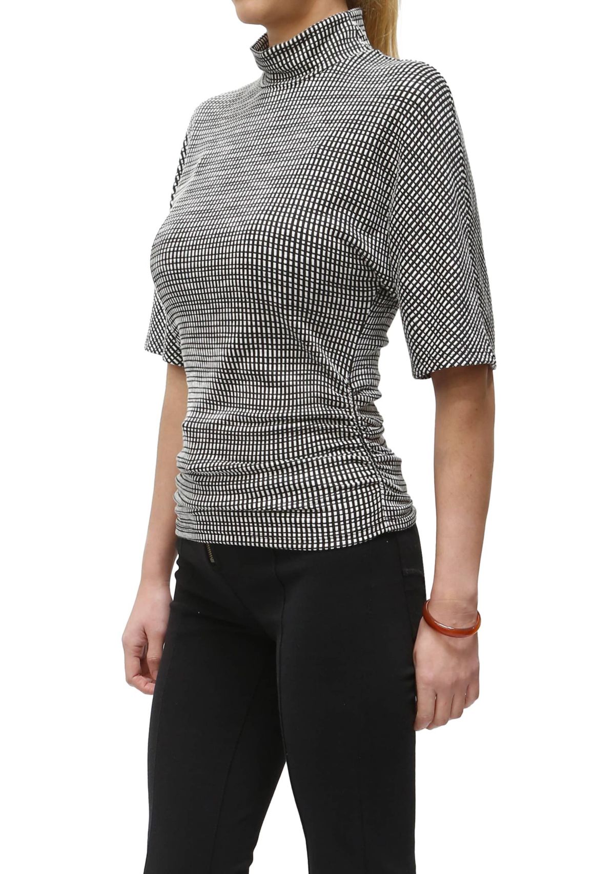 Jacquard Textured Stripe Elbow Sleeve Mock Neck