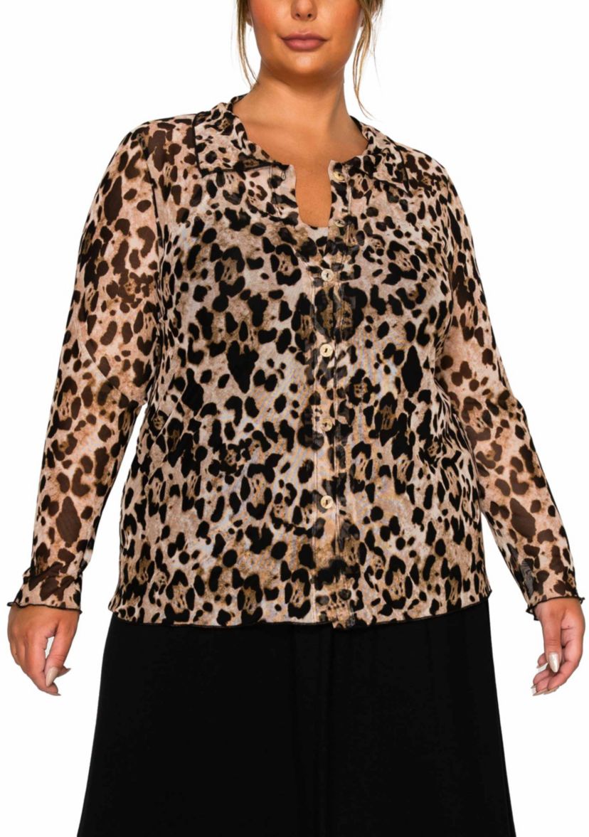 Leopard Mesh Button Front Long Sleeve Shirt
