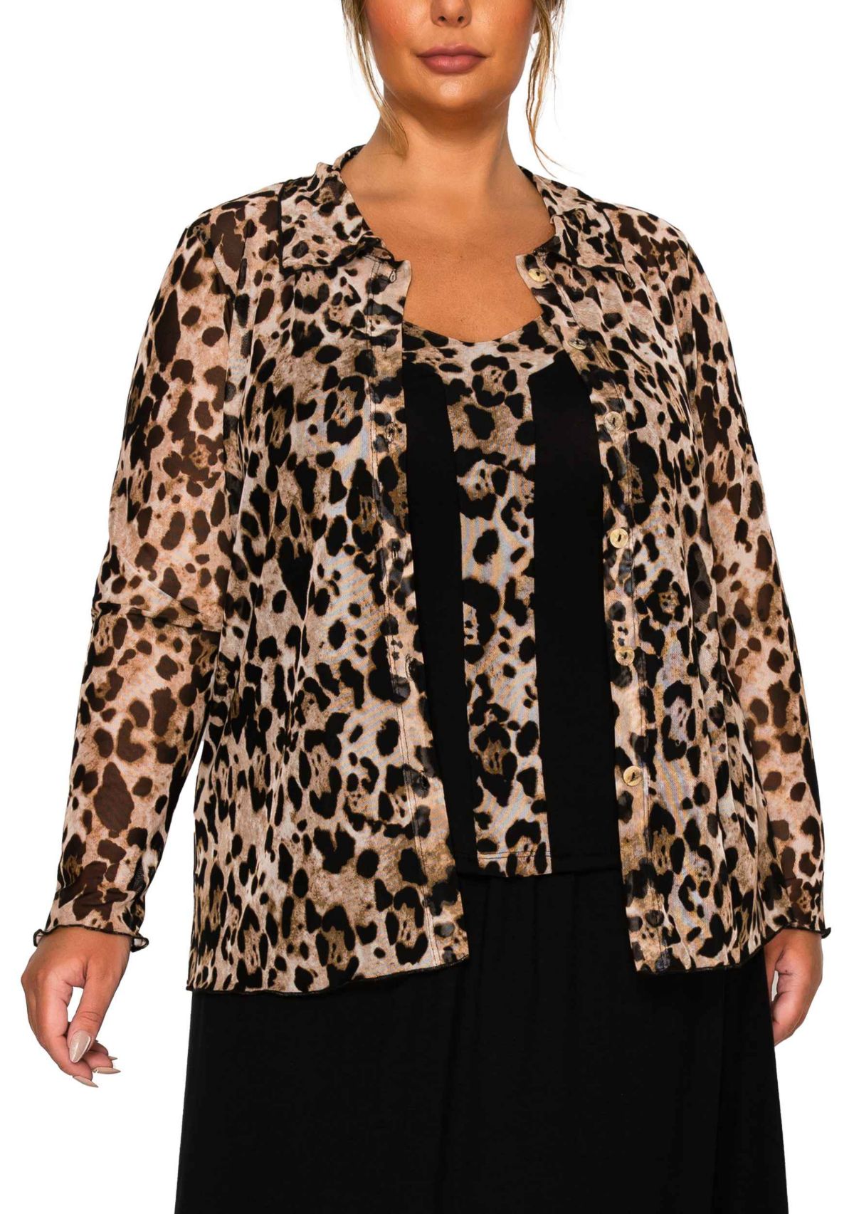 Leopard Mesh Button Front Long Sleeve Shirt