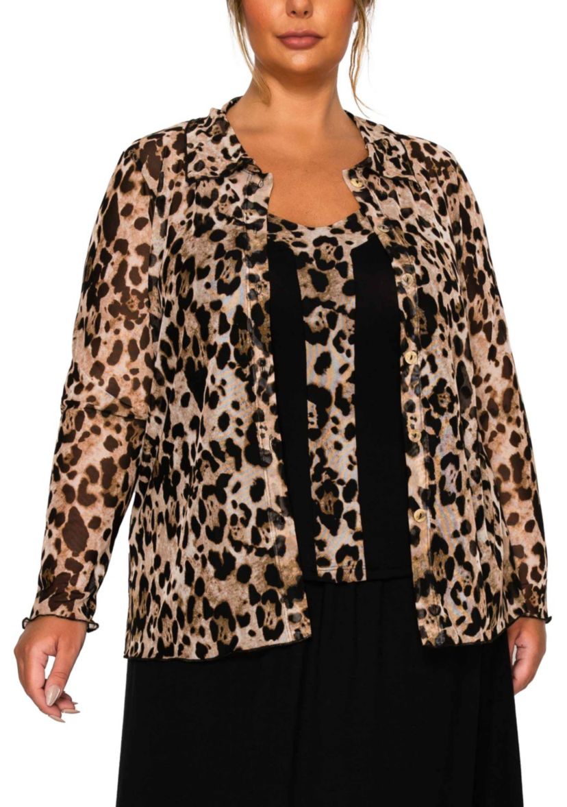 Leopard Mesh Button Front Long Sleeve Shirt