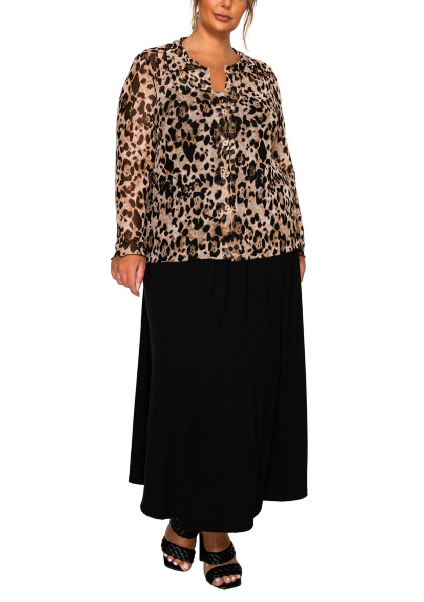 Leopard Mesh Button Front Long Sleeve Shirt