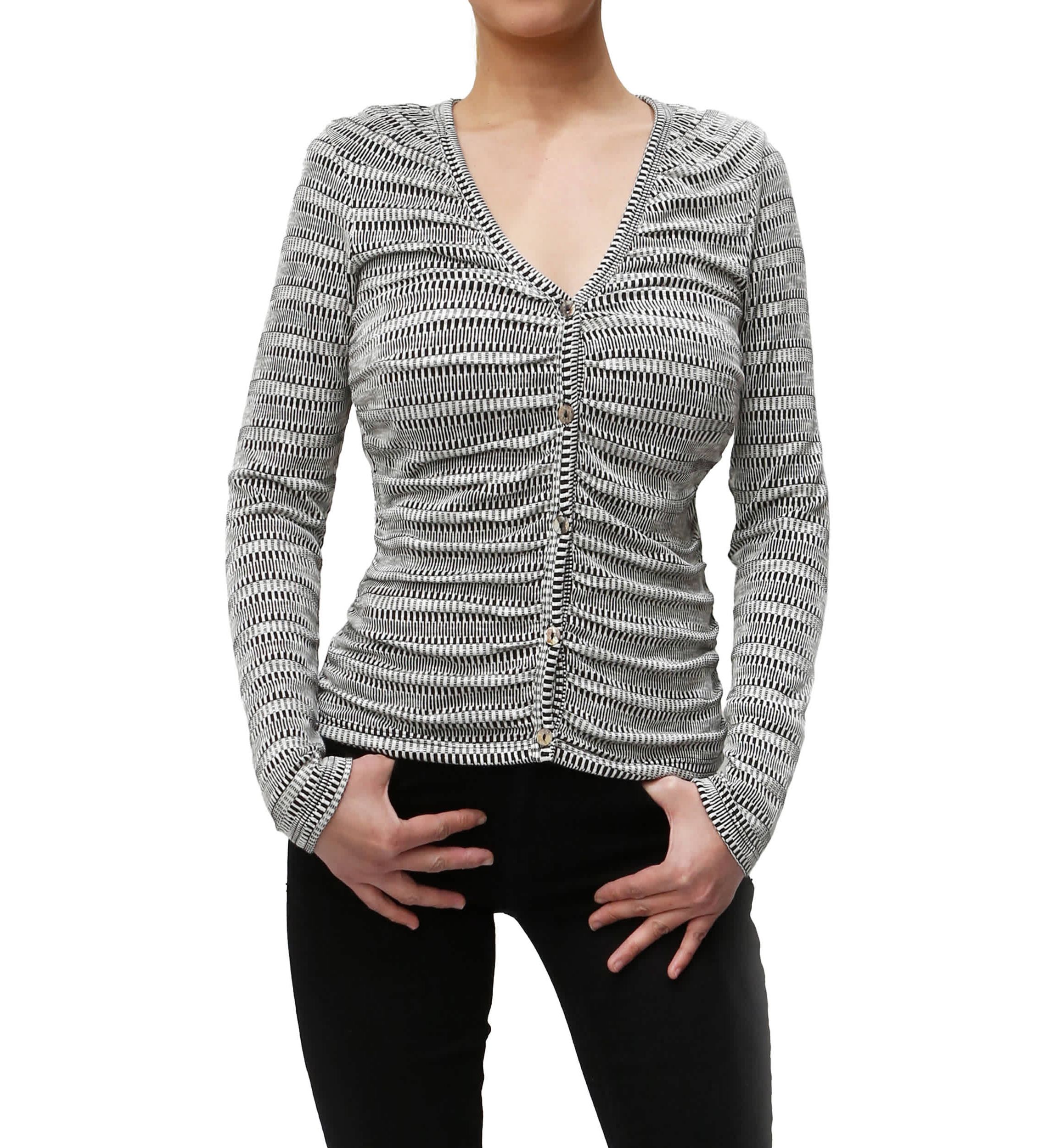 Textured Jacquard Stripe Long Sleeve Ruched Front Button Cardi