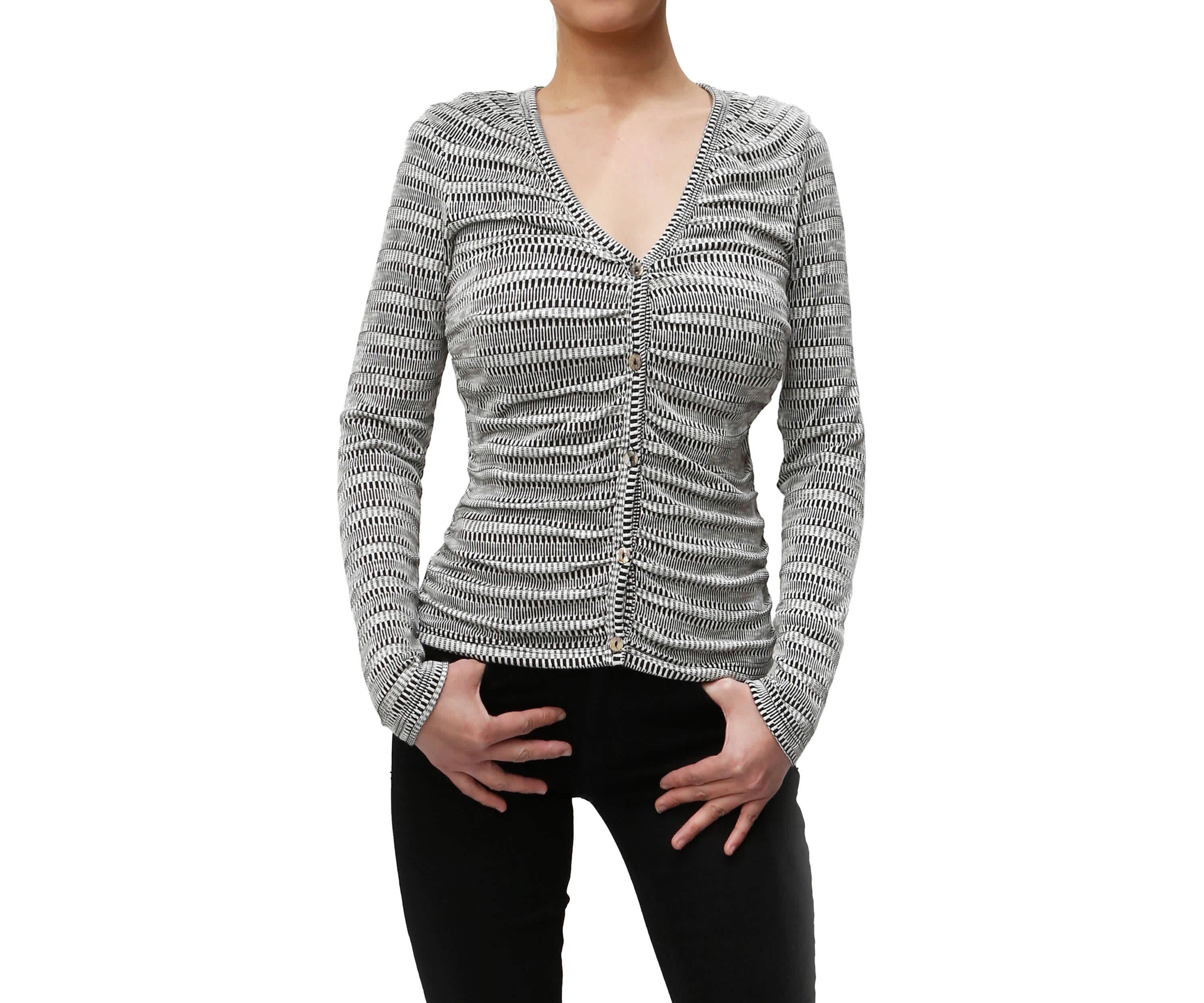 Textured Jacquard Stripe Long Sleeve Ruched Front Button Cardi