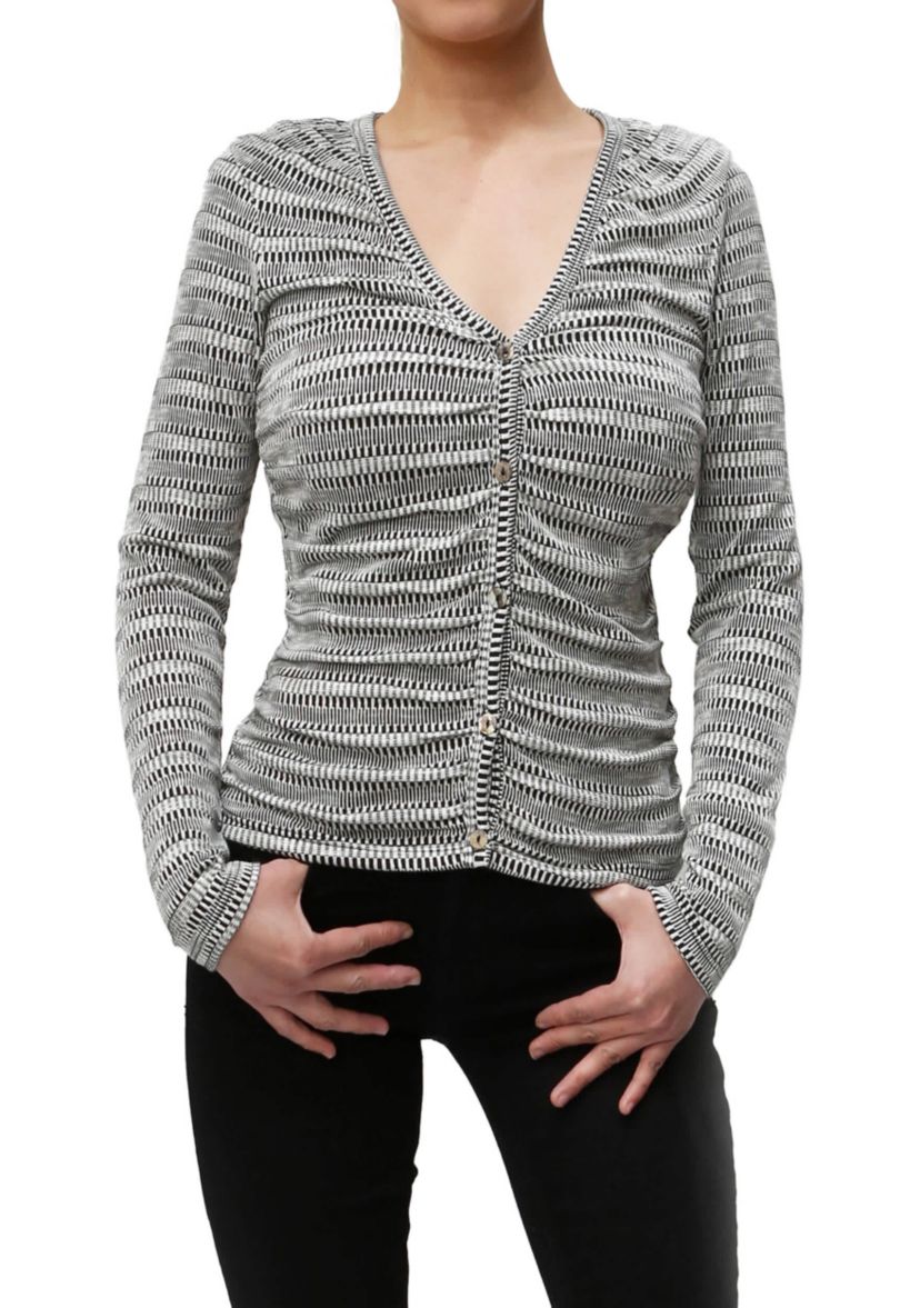 Textured Jacquard Stripe Long Sleeve Ruched Front Button Cardi