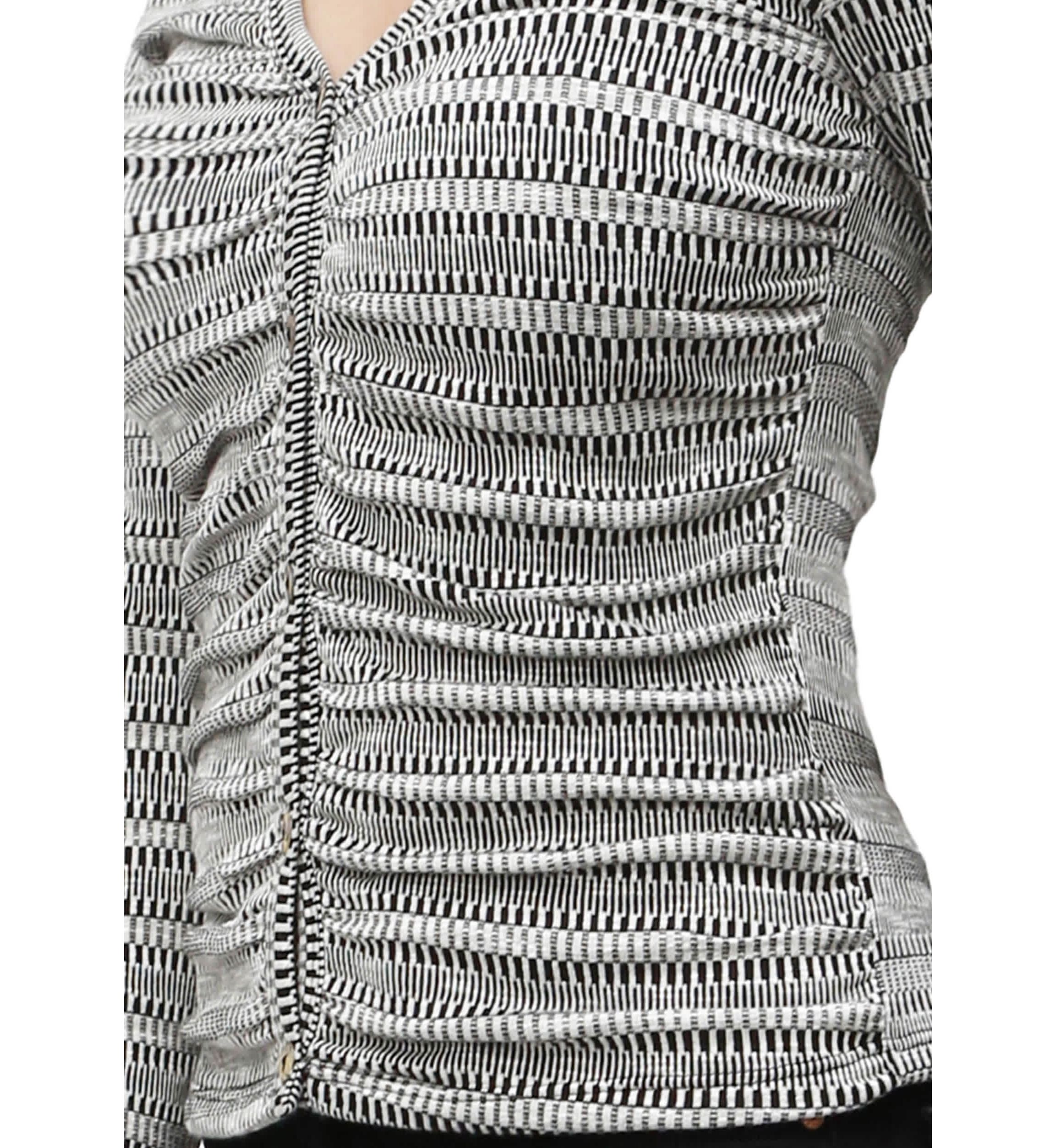 Textured Jacquard Stripe Long Sleeve Ruched Front Button Cardi