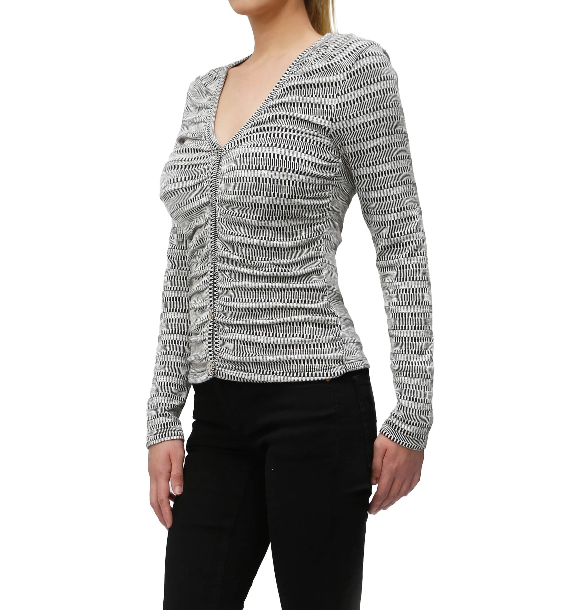 Textured Jacquard Stripe Long Sleeve Ruched Front Button Cardi