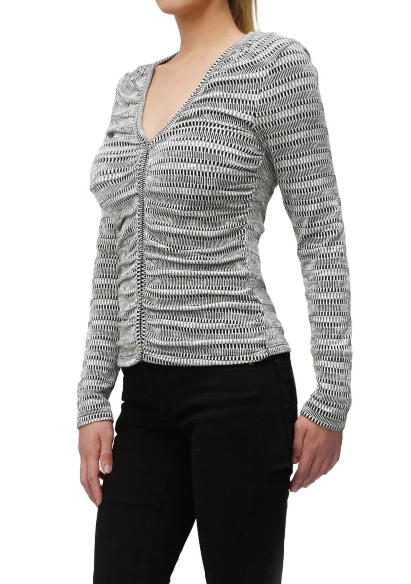 Textured Jacquard Stripe Long Sleeve Ruched Front Button Cardi